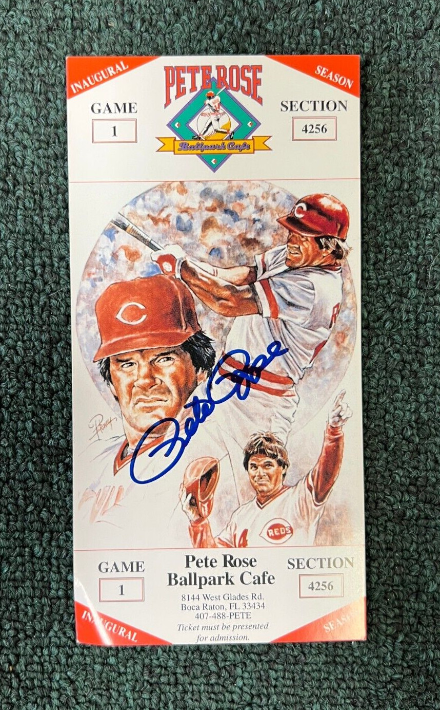 PETE ROSE PHILLIES SIGNED AUTO ALL TIME HIT KING BALLPARK CAFE TICKET W/COA E
