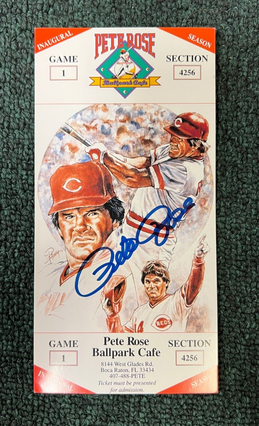 PETE ROSE PHILLIES SIGNED AUTO ALL TIME HIT KING BALLPARK CAFE TICKET W/COA M