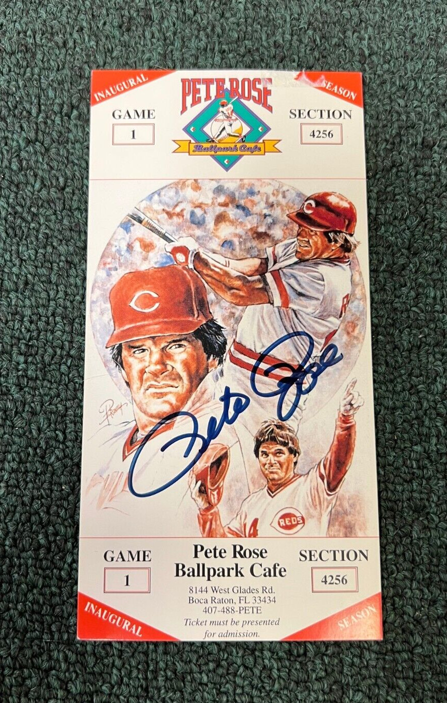 PETE ROSE PHILLIES SIGNED AUTO ALL TIME HIT KING BALLPARK CAFE TICKET W/COA Q