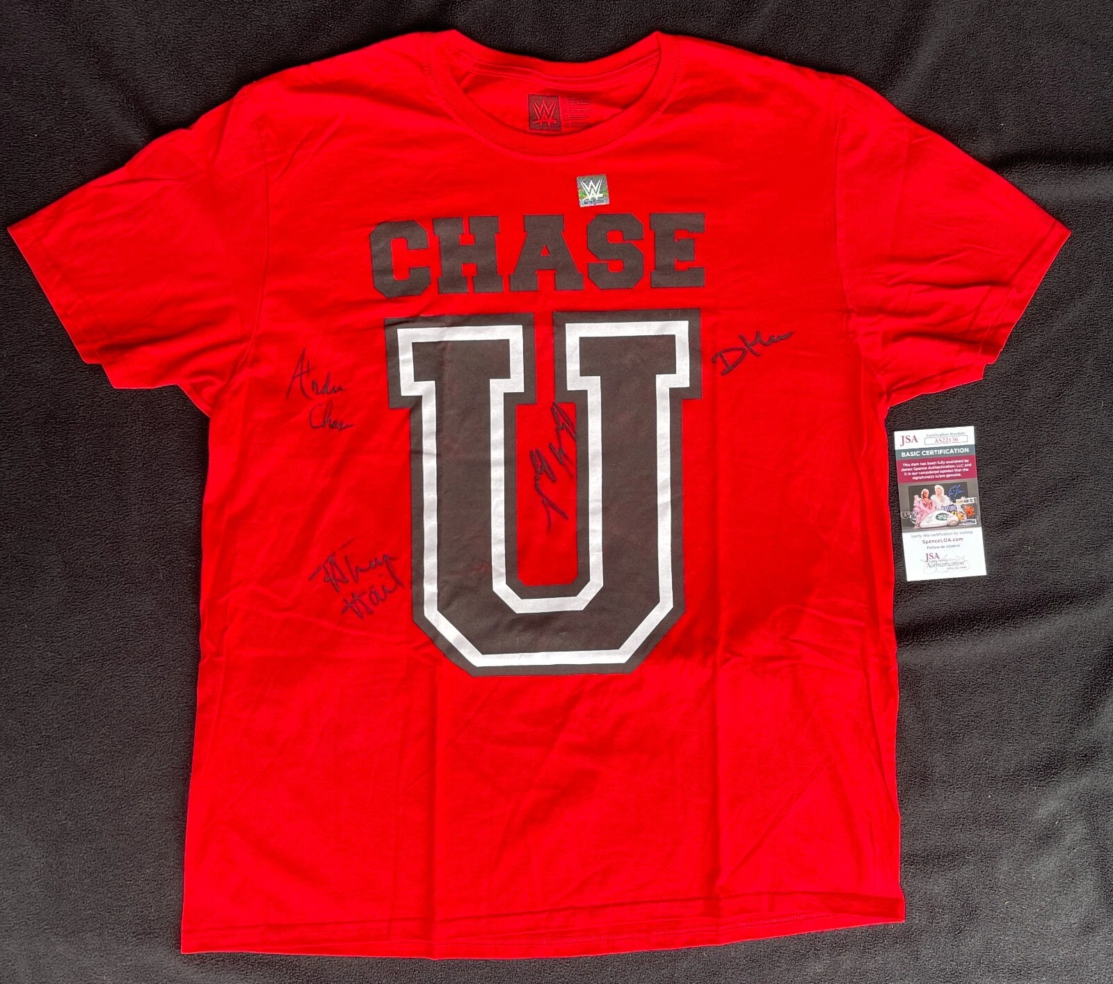 CHASE U ANDRE CHASE UNIVERSITY WWE OFFICIAL T-SHIRT MULTI-SIGNED BY 4 JSA COA COLLECTIBLE MEMORABILIA