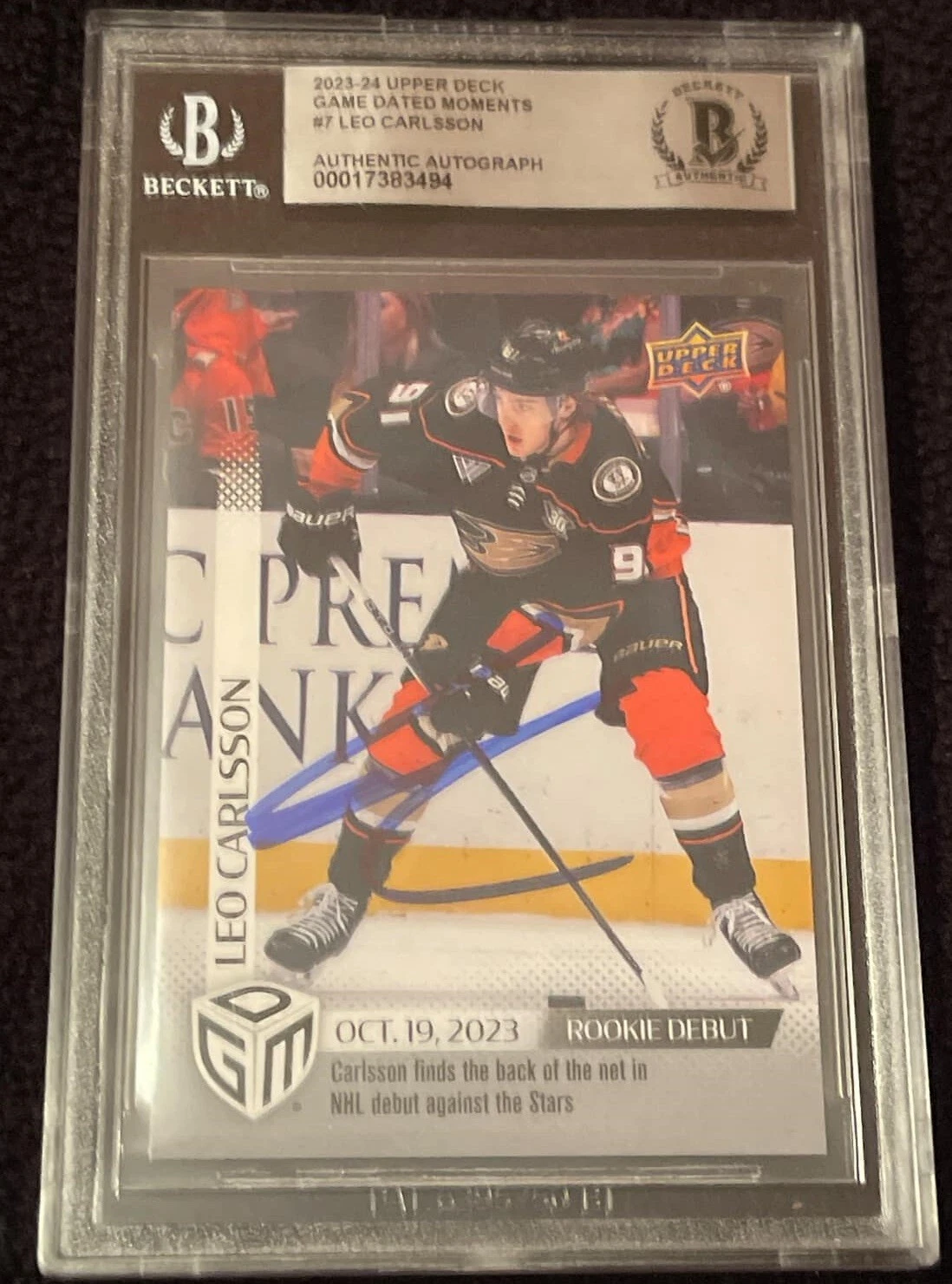 Leo Carlsson Signed 2023-24 Upper Deck Game Dated Moments Card #7 Beckett Auth