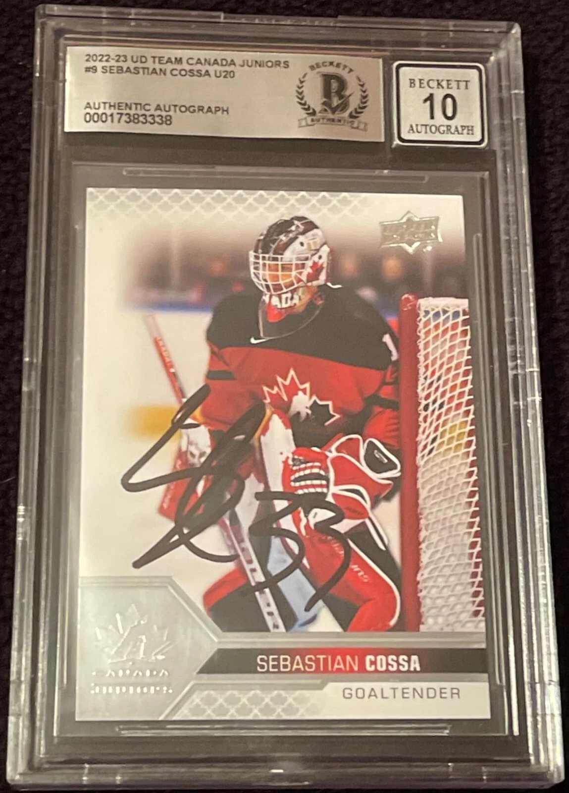 Sebastian Cossa Signed 2022-23 UD Canada Card #9 Beckett Authentic Grade 10 Auto
