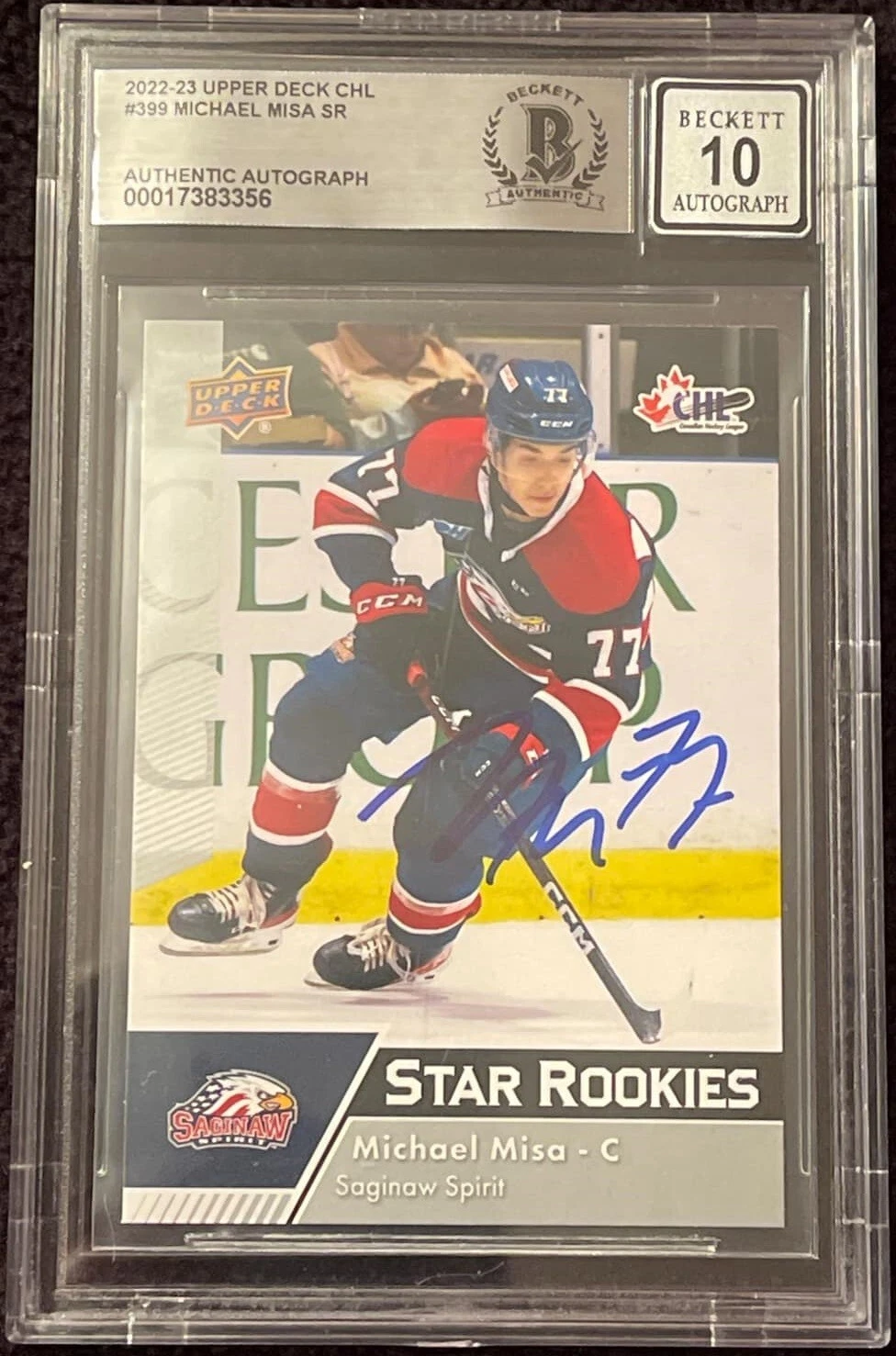 Michael Misa Signed 2022-23 Upper Deck CHL Card #399 Beckett Authentic Grade 10