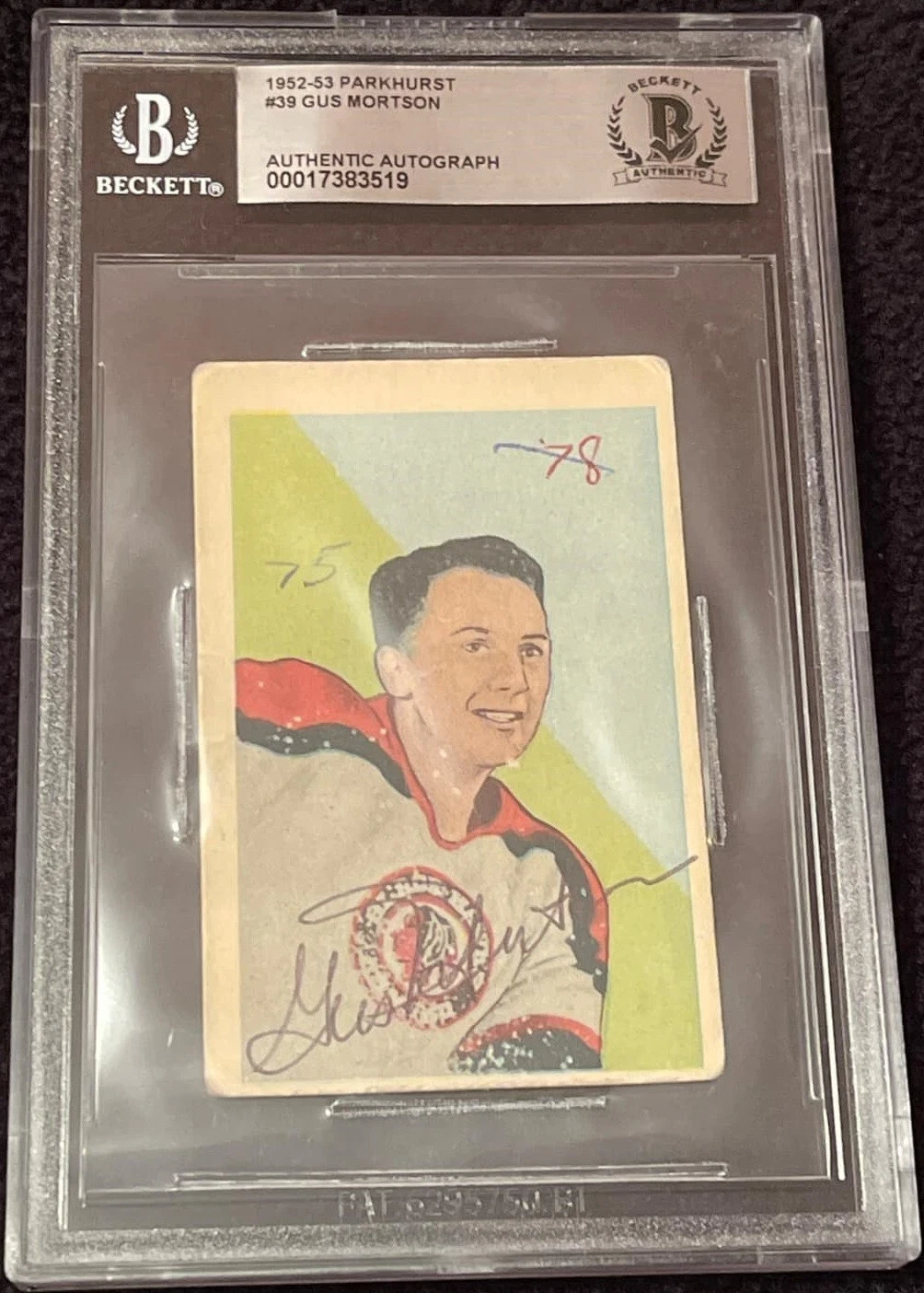 Gus Mortson Signed 1952-53 Parkhurst Card #39 Blackhawks Beckett Authentic