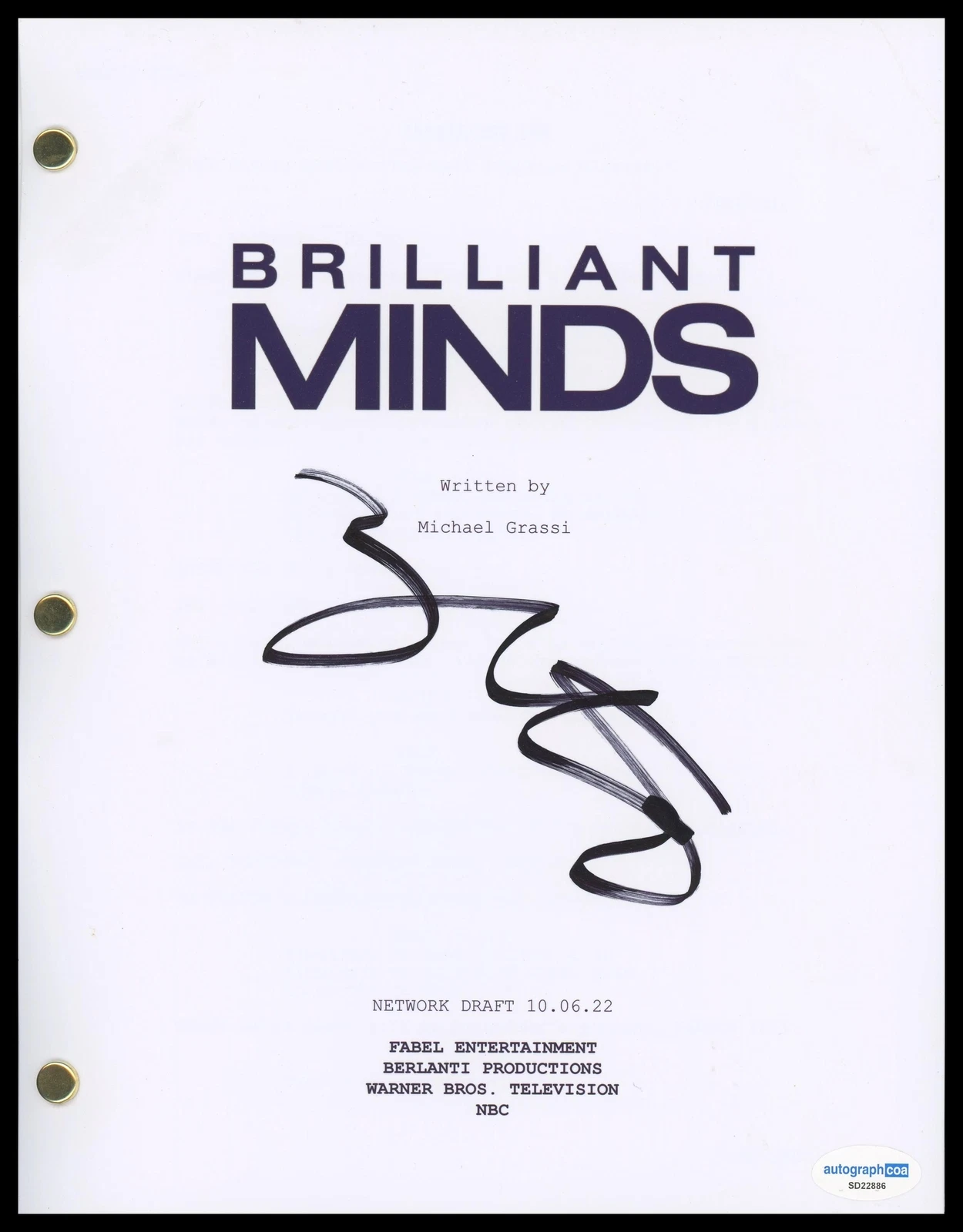 ZACHARY QUINTO “BRILLIANT MINDS” AUTOGRAPH SIGNED FULL PILOT EPISODE SCRIPT ACOA COLLECTIBLE MEMORABILIA