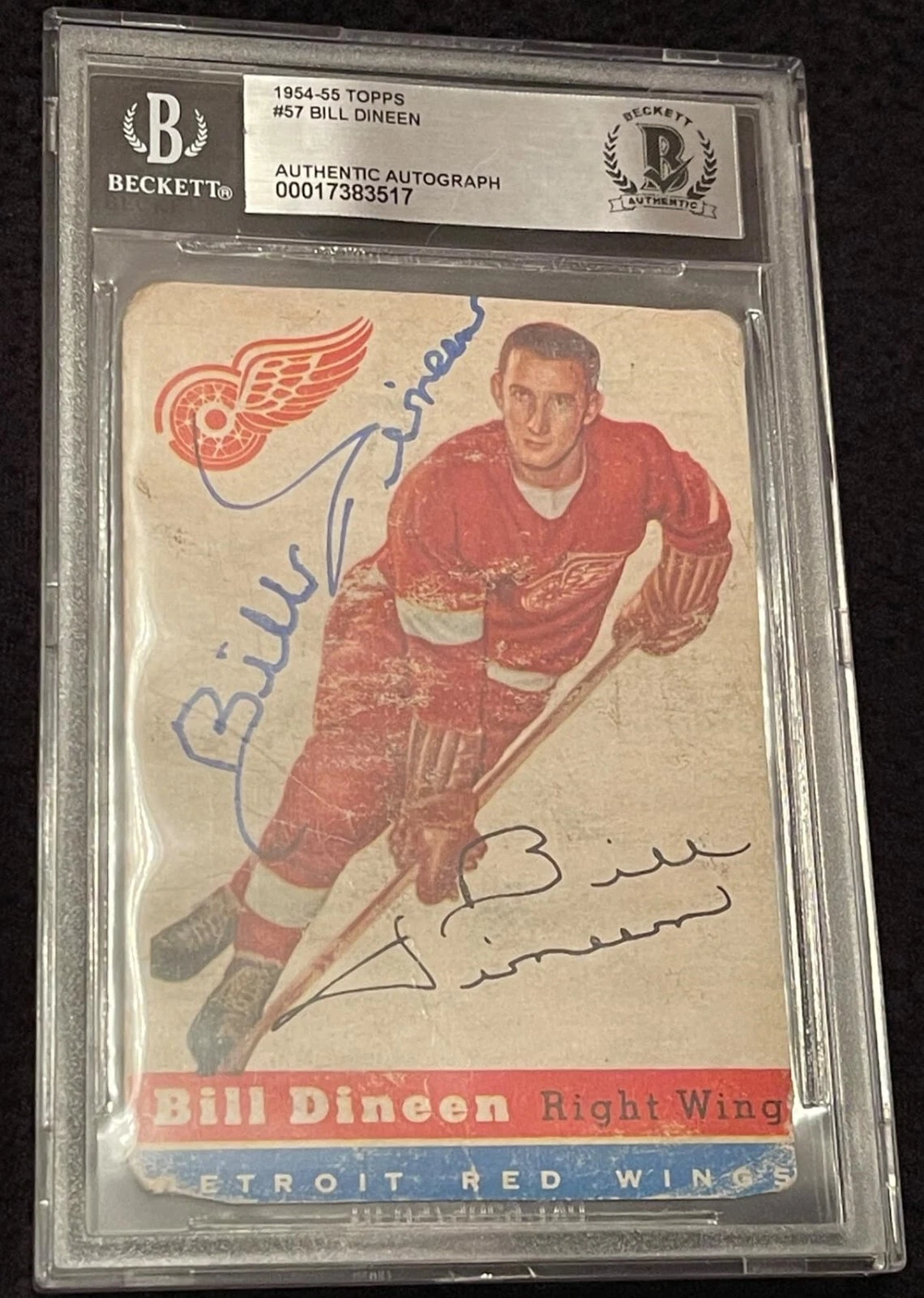 Bill Dineen Signed 1954-55 Topps Card #57 Detroit Red Wing Beckett Authenticated