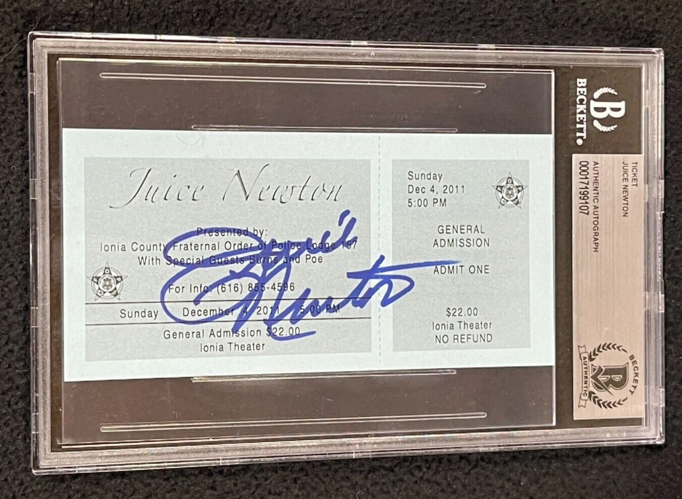 Juice Newton Signed Concert Full Ticket Beckett Authenticated