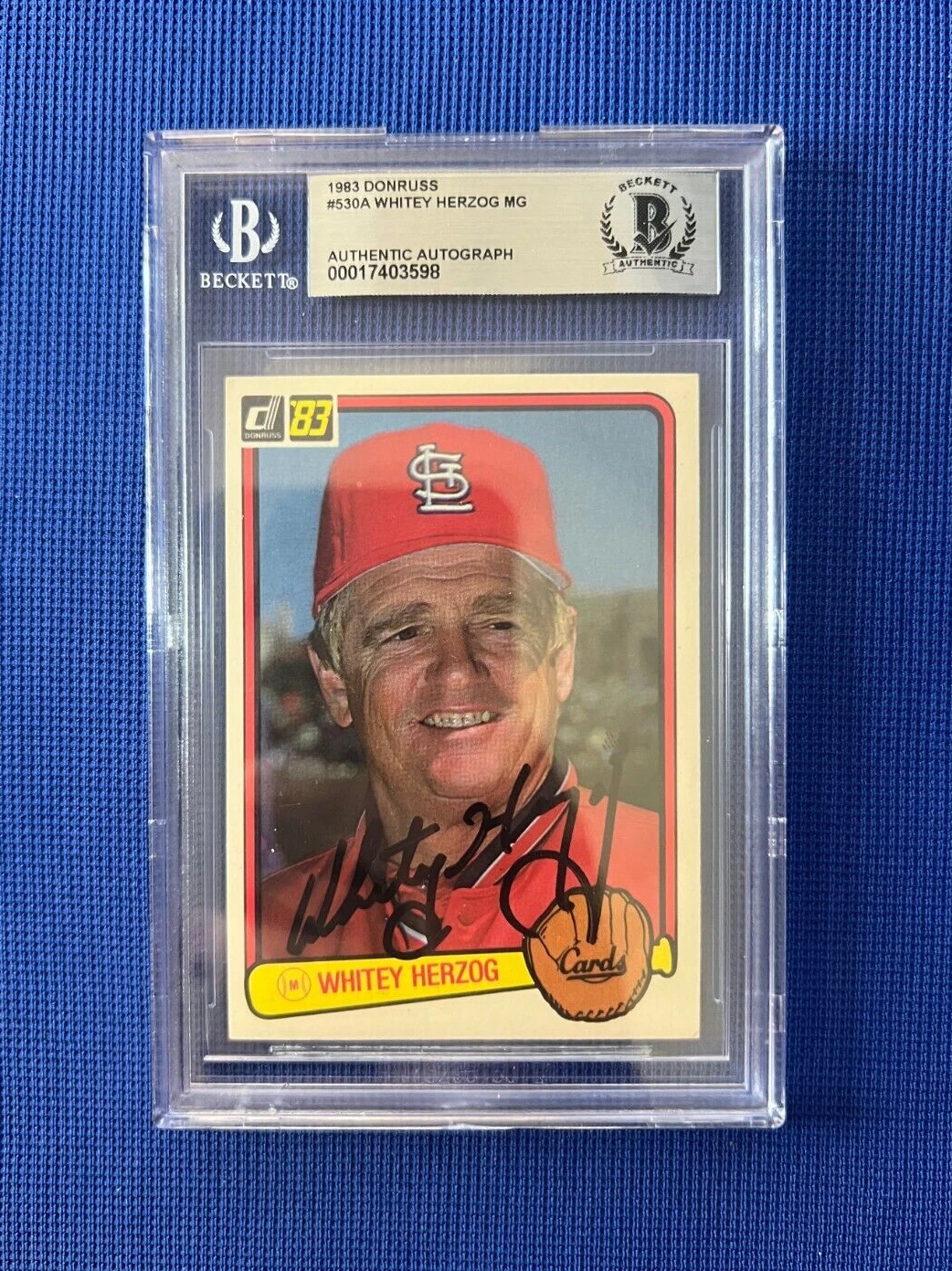 1983 DONRUSS WHITEY HERZOG MANAGER CARDINALS SIGNED AUTOGRAPH CARD #530A BECKETT