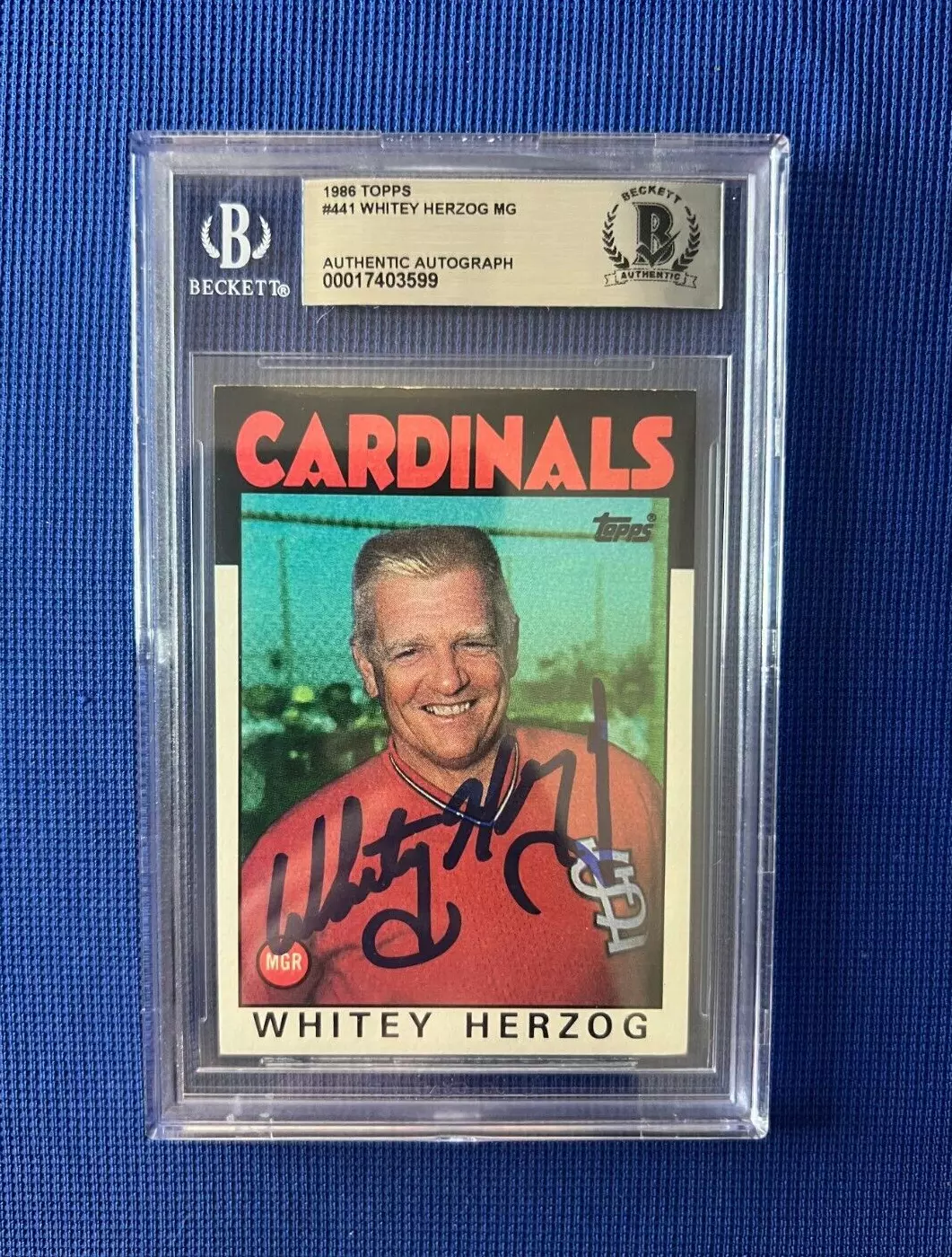 1986 TOPPS WHITEY HERZOG MANAGER CARDINALS SIGNED AUTOGRAPH CARD #441 BECKETT
