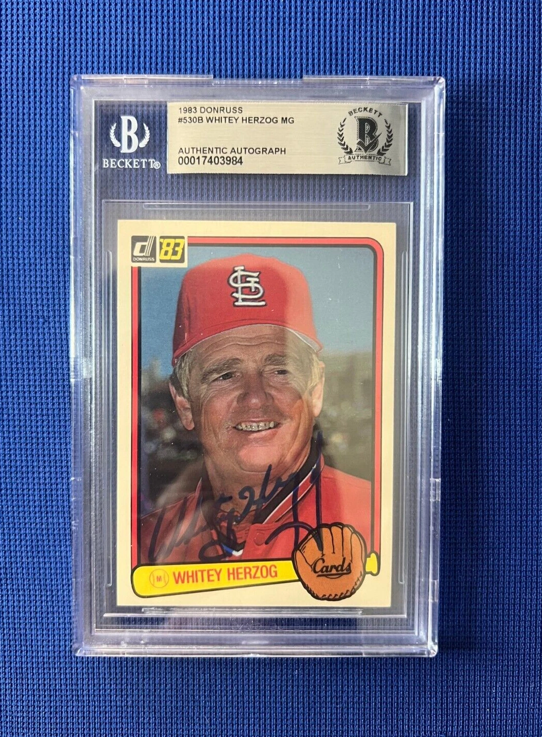 1983 DONRUSS WHITEY HERZOG MANAGER CARDINALS SIGNED AUTO CARD #530A BECKETT *