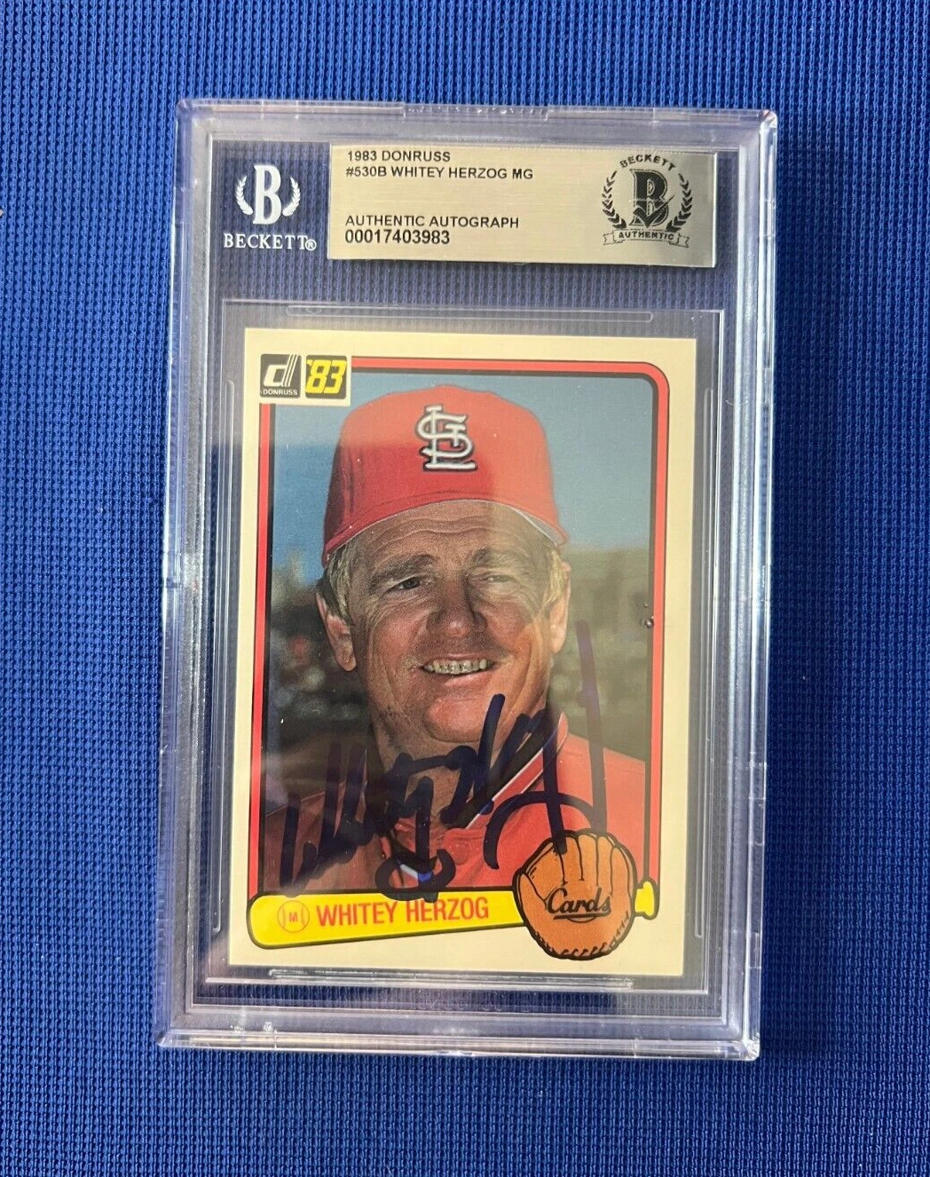 1983 DONRUSS WHITEY HERZOG MANAGER CARDINALS SIGNED AUTO CARD #530A BECKETT **