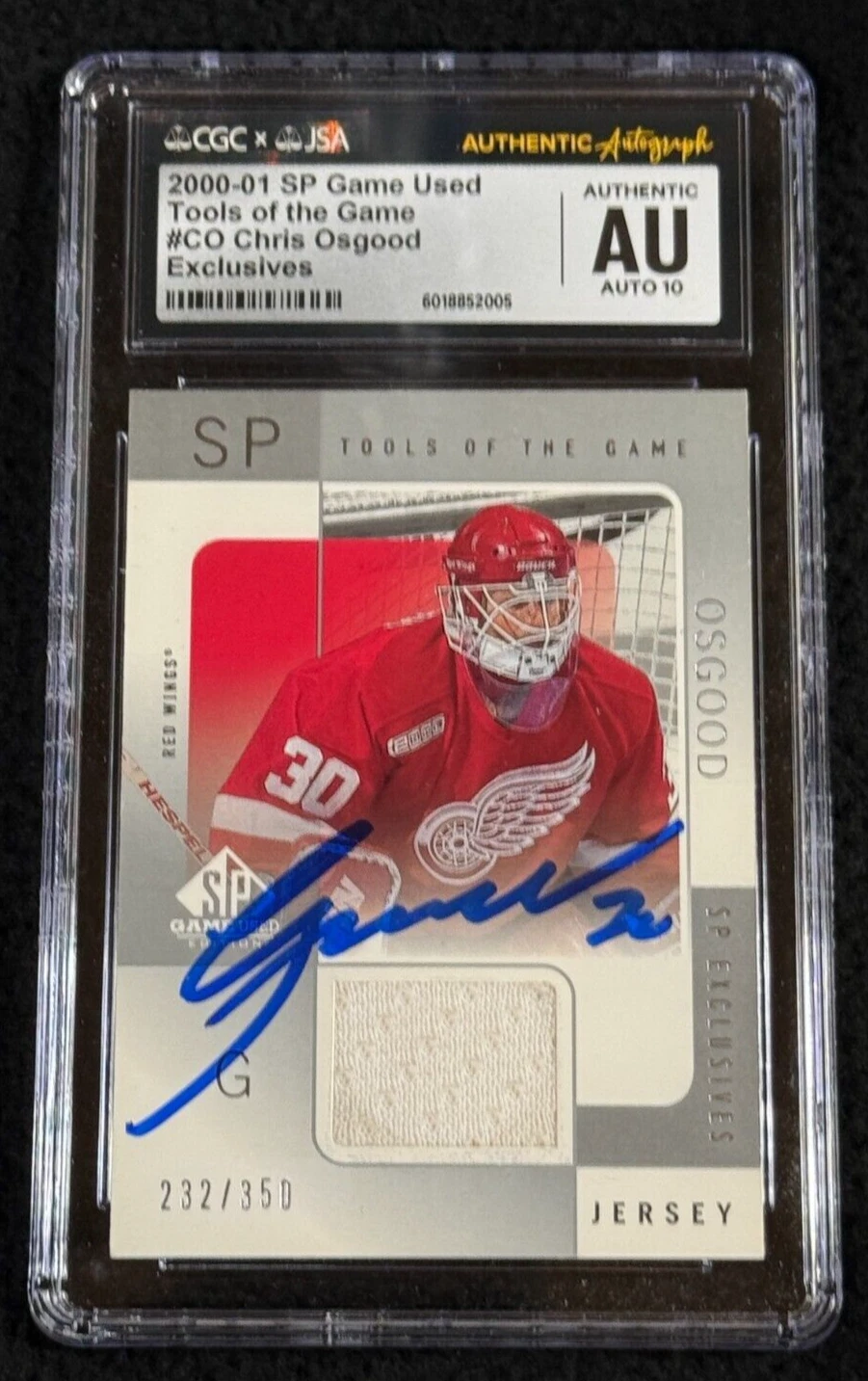 Chris Osgood Signed 2000-01 SP Game Used Tools Of Game Exclusives Card JSA CGC
