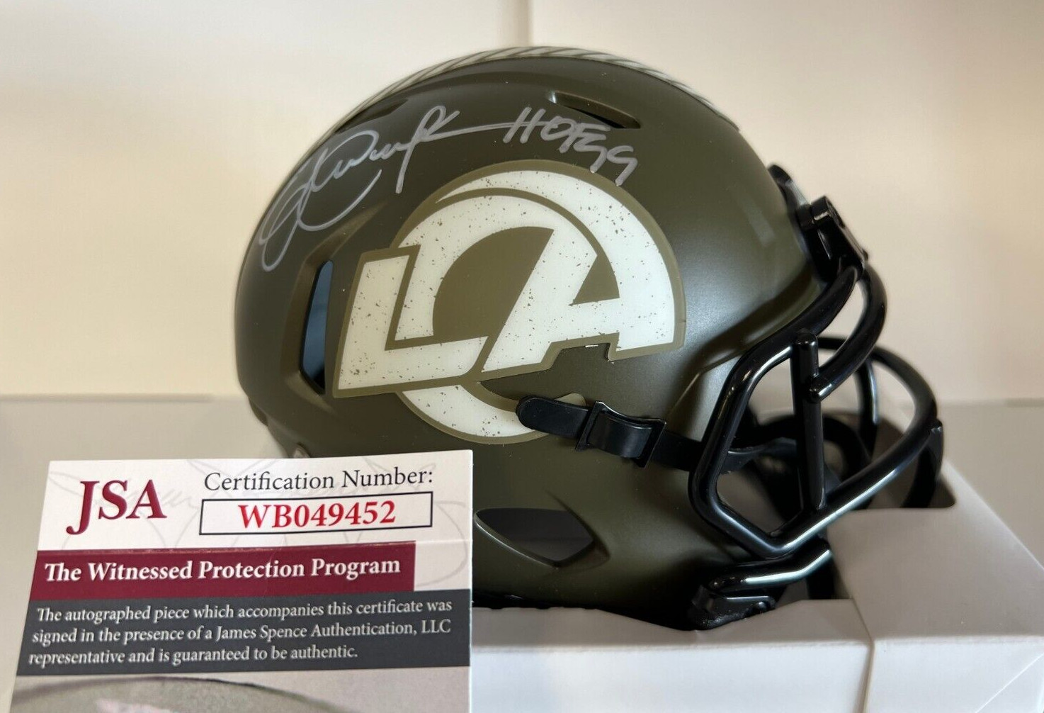 ERIC DICKERSON HOF 99 LA RAMS SALUTE TO SERVICE SIGNED AUTO MINI HELMET JSA COA