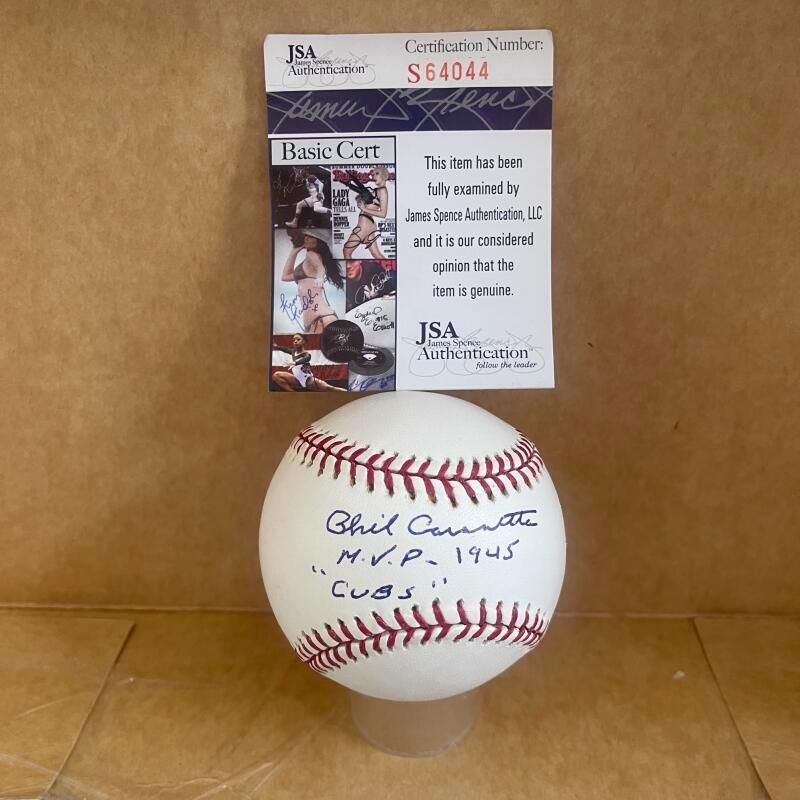 PHIL CAVARRETTA CUBS MVP 1945 SIGNED AUTO M.L. BASEBALL JSA AUTH