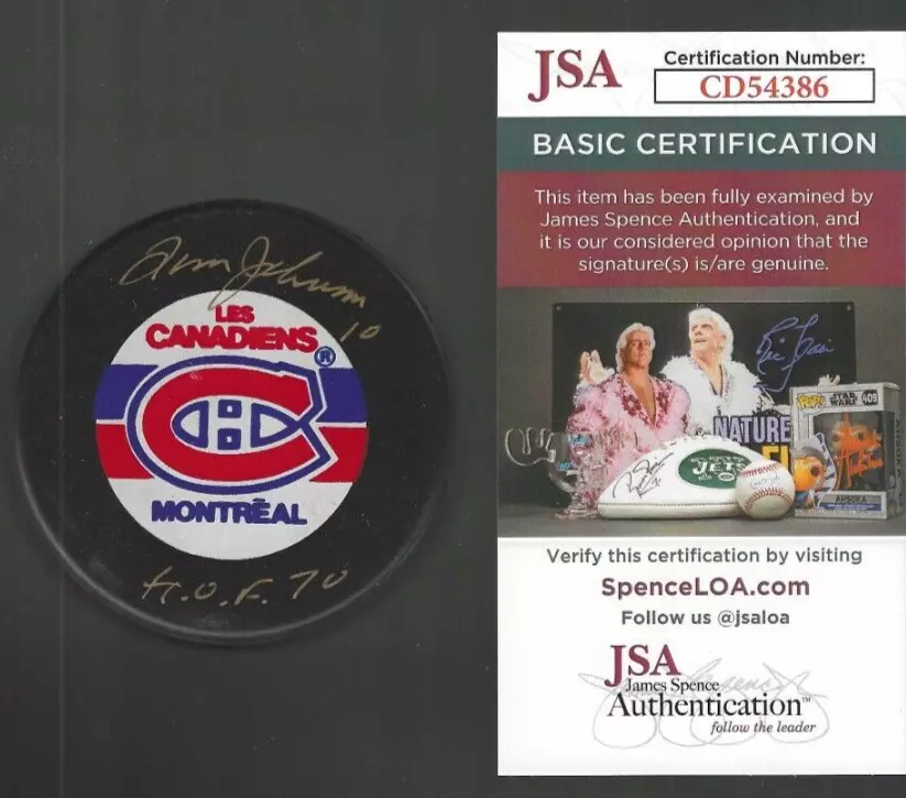 Tom Johnson Signed & Inscribed Montreal Canadiens Trench Puck JSA COA