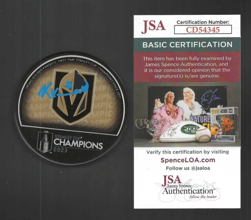 Kaedan Korczak Signed Vegas Golden Knights 2023 Stanley Cup Champs Puck JSA COA