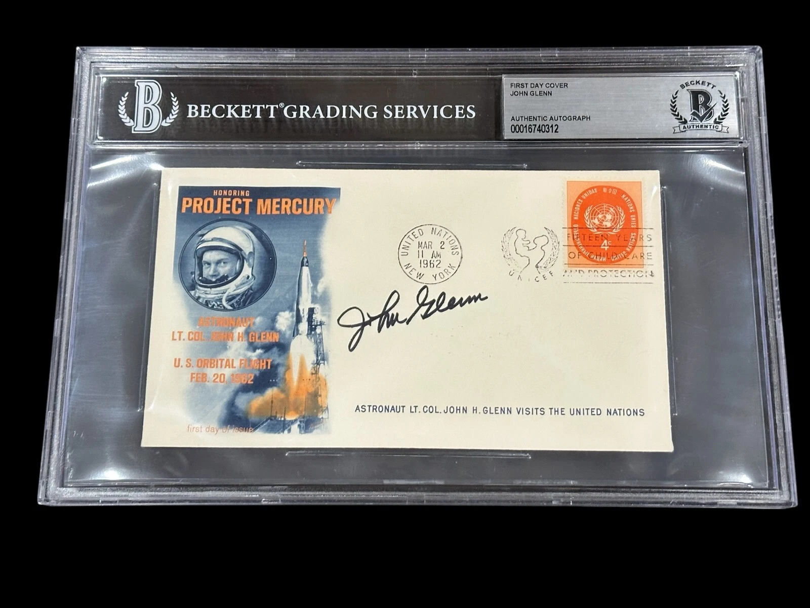 John Glenn NASA Mercury Astronaut Signed Autograph FDC JSA BAS Beckett Slab