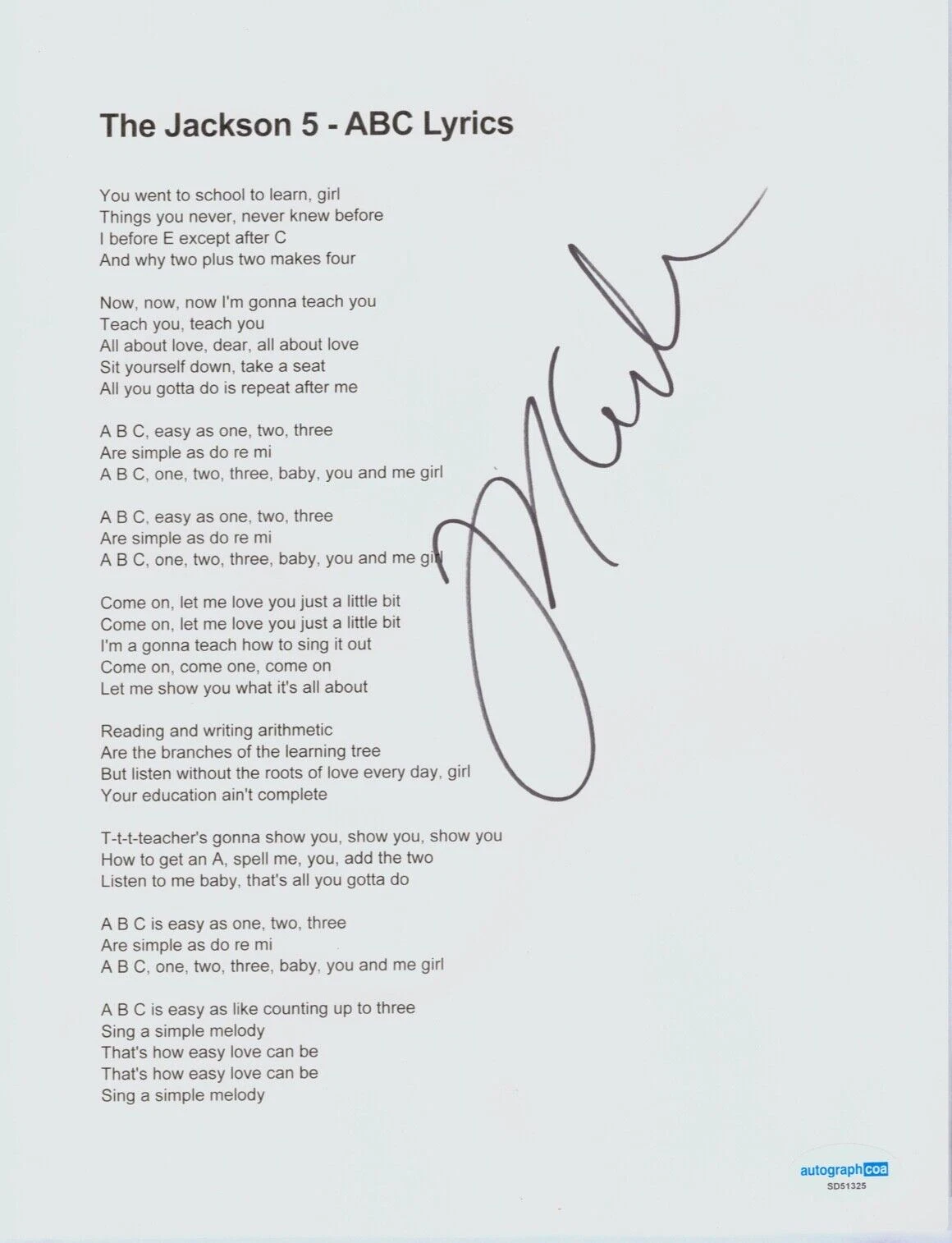 MARLON JACKSON Signed Autograph Lyrics 