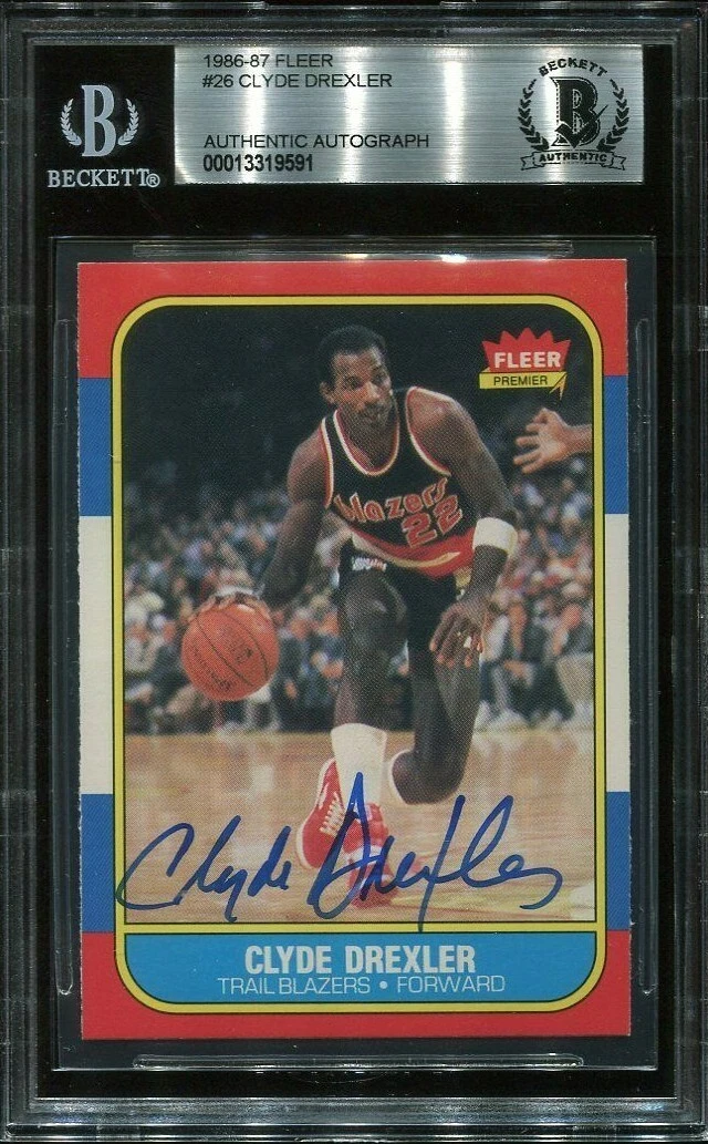 HOF CLYDE DREXLER signed autographed 1986 FLEER ROOKIE CARD RC BECKETT (BAS)
