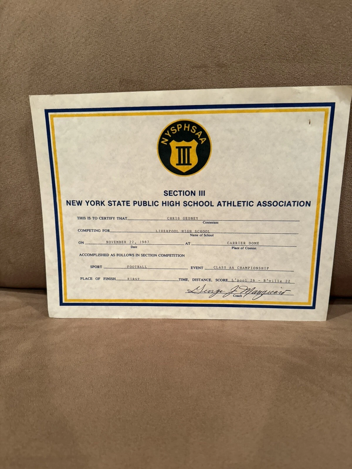 OWNED Chris Gedney Section 3 Champion Award Liverpool HS Syracuse Football