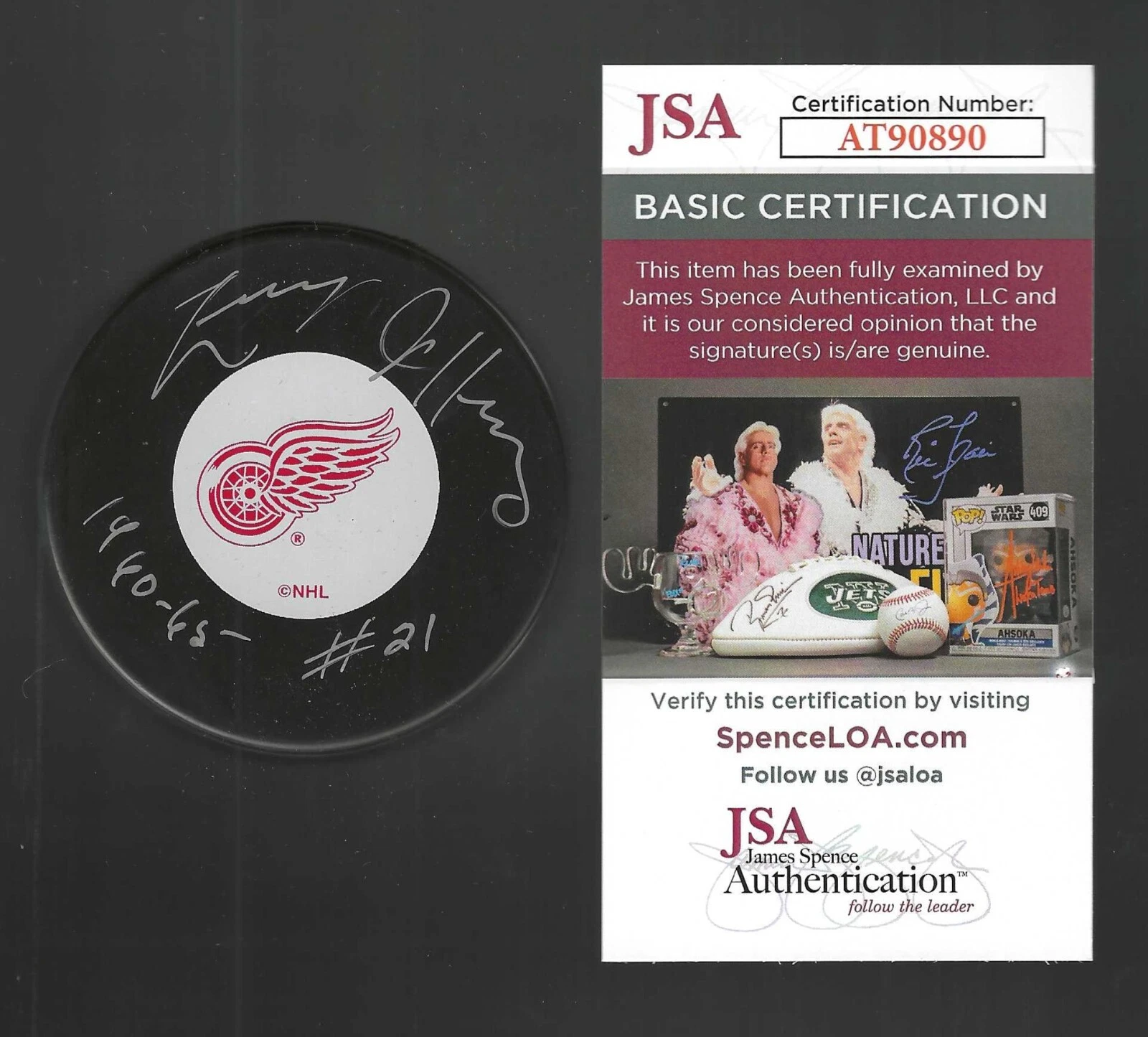 Larry Jeffrey Signed & Inscribed Detroit Red Wings Vintage Logo Puck JSA COA