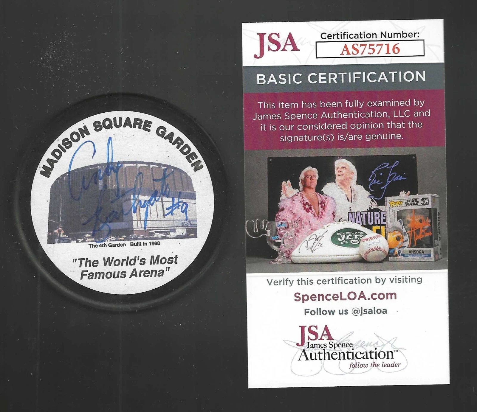 Andy Bathgate Signed New York Rangers Madison Square Garden Puck JSA COA