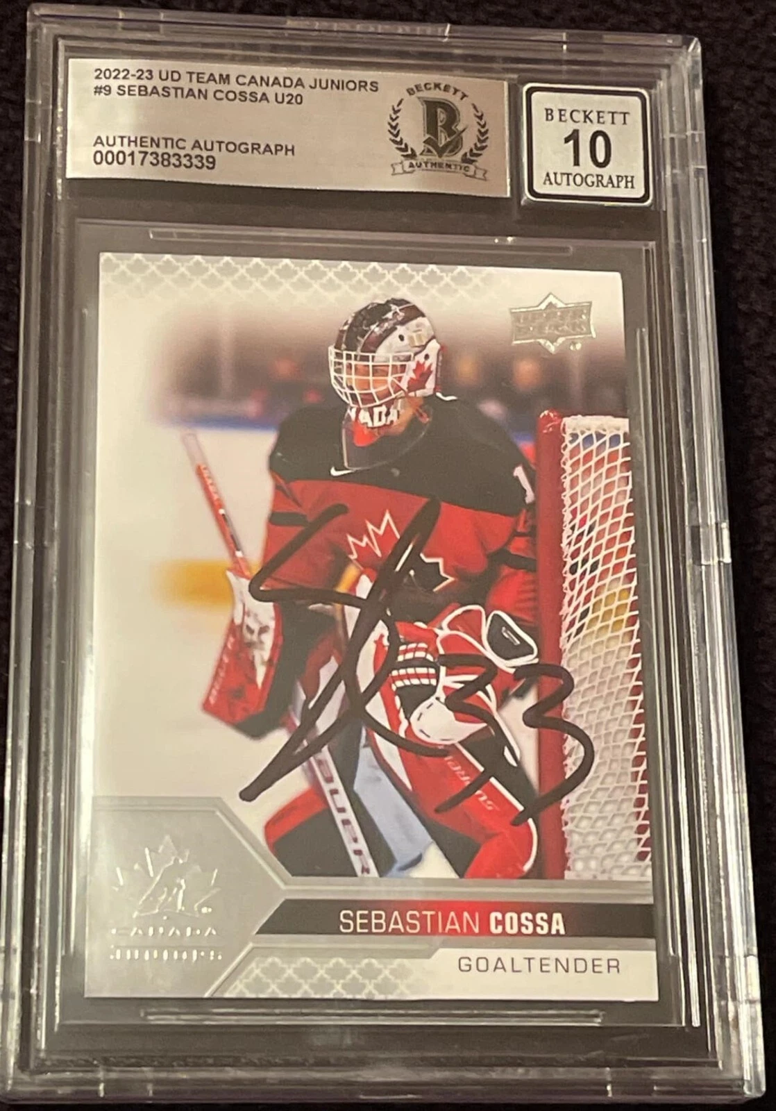 Sebastian Cossa Signed 2022-23 UD Canada Card #9 Beckett Authentic Grade 10 Auto