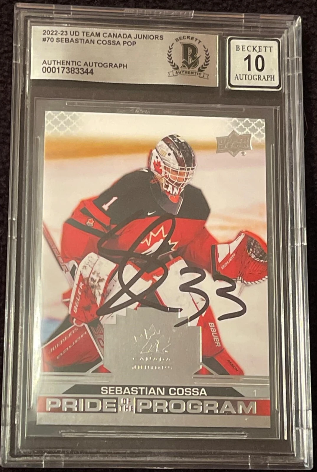 Sebastian Cossa Signed 2022-23 Canada Card #70 Beckett Authentic Grade 10 Auto