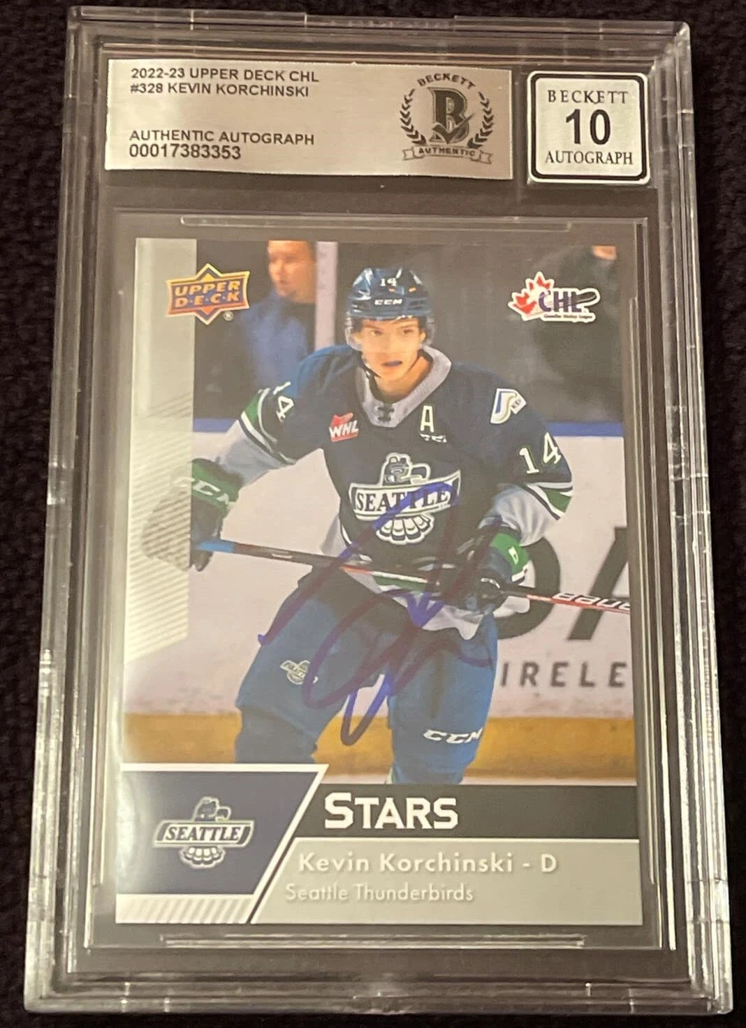 Kevin Korchinski Signed 2022-23 UD CHL Card #328 Beckett Authentic Auto Grade 10