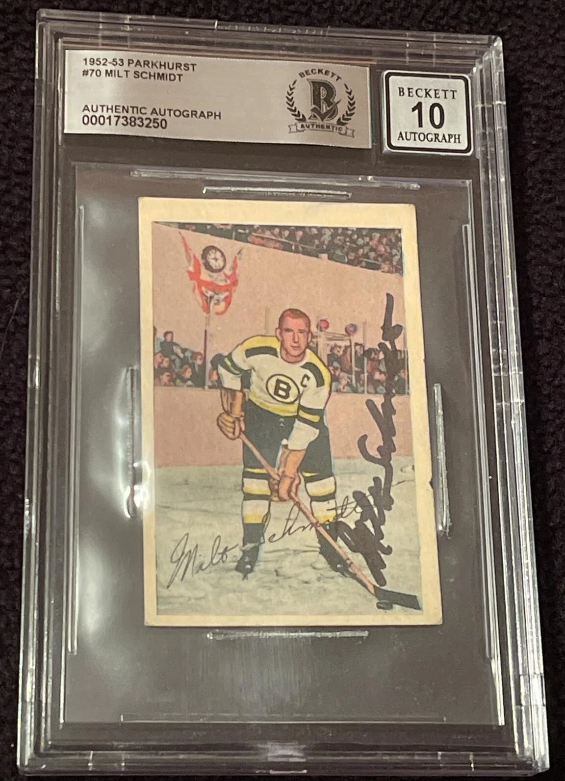 Milt Schmidt Signed 1952-53 Parkhurst Card #70 Beckett Authentic Auto Grade 10