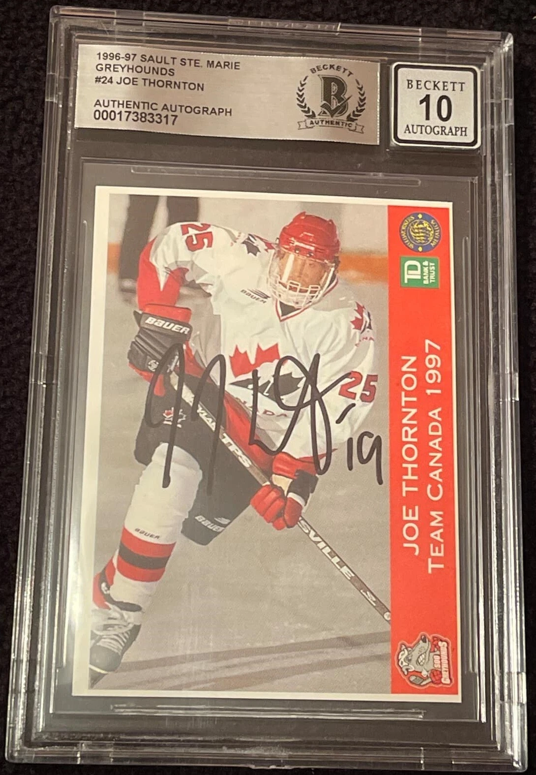 Joe Thornton 1996-97 Soo Ste Greyhounds Card #24 Beckett Authentic Auto Grade 10
