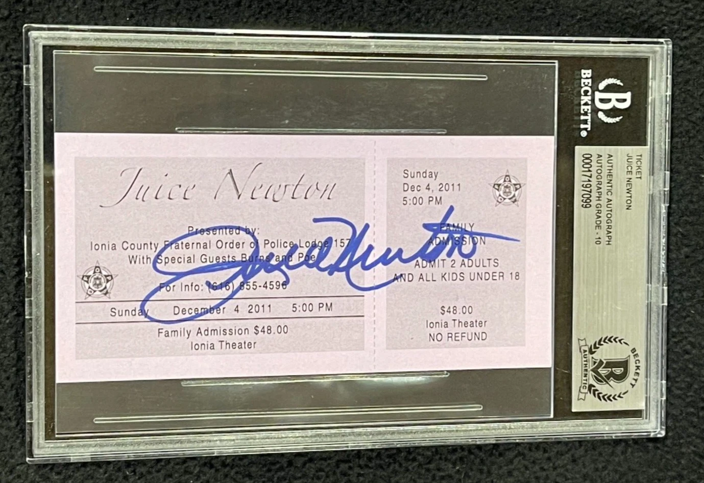 Juice Newton Signed Concert Full Ticket Beckett Authenticated Auto Grade 10