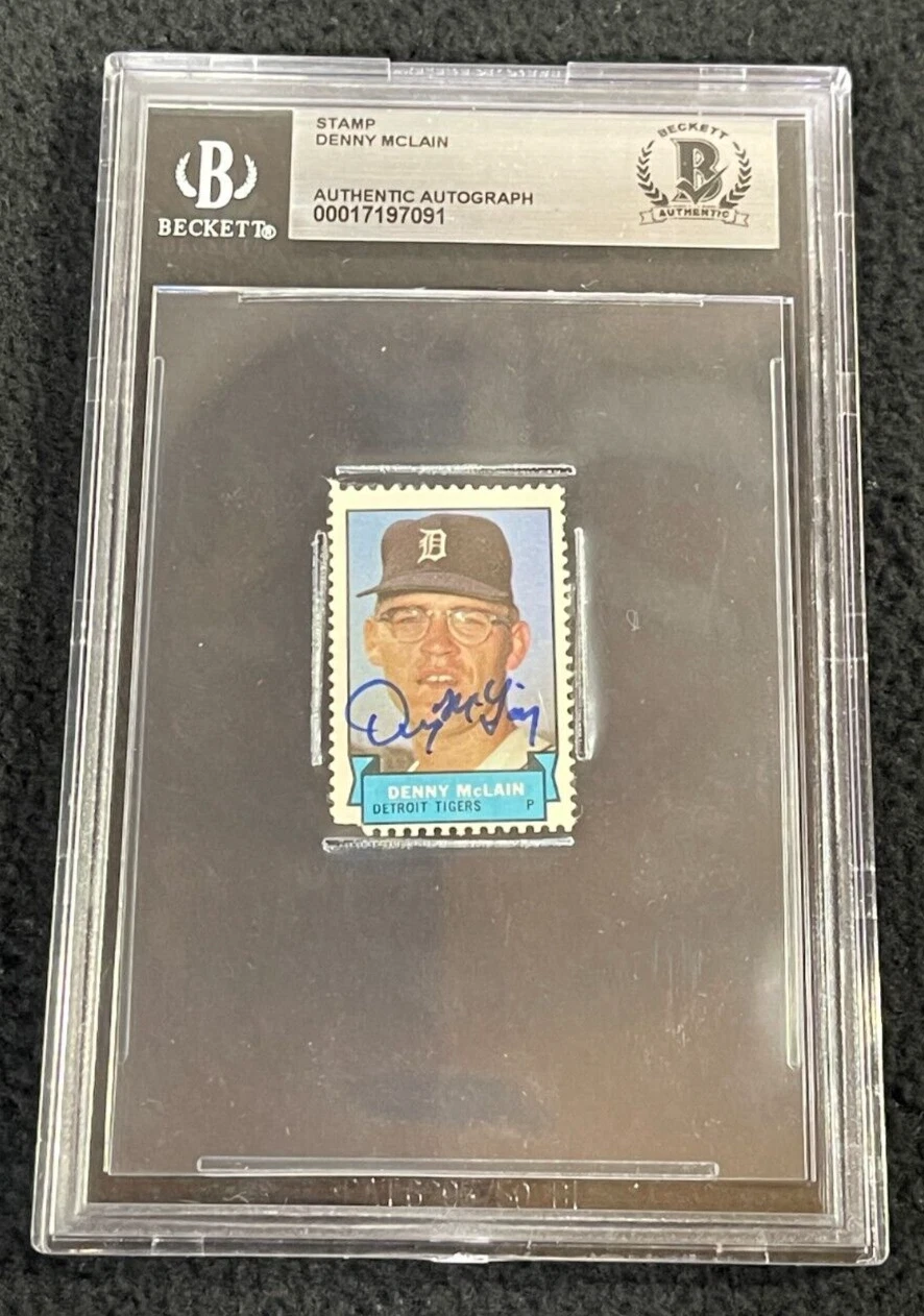 Denny McLain Signed Detroit Tigers Stamp Card Beckett Certified