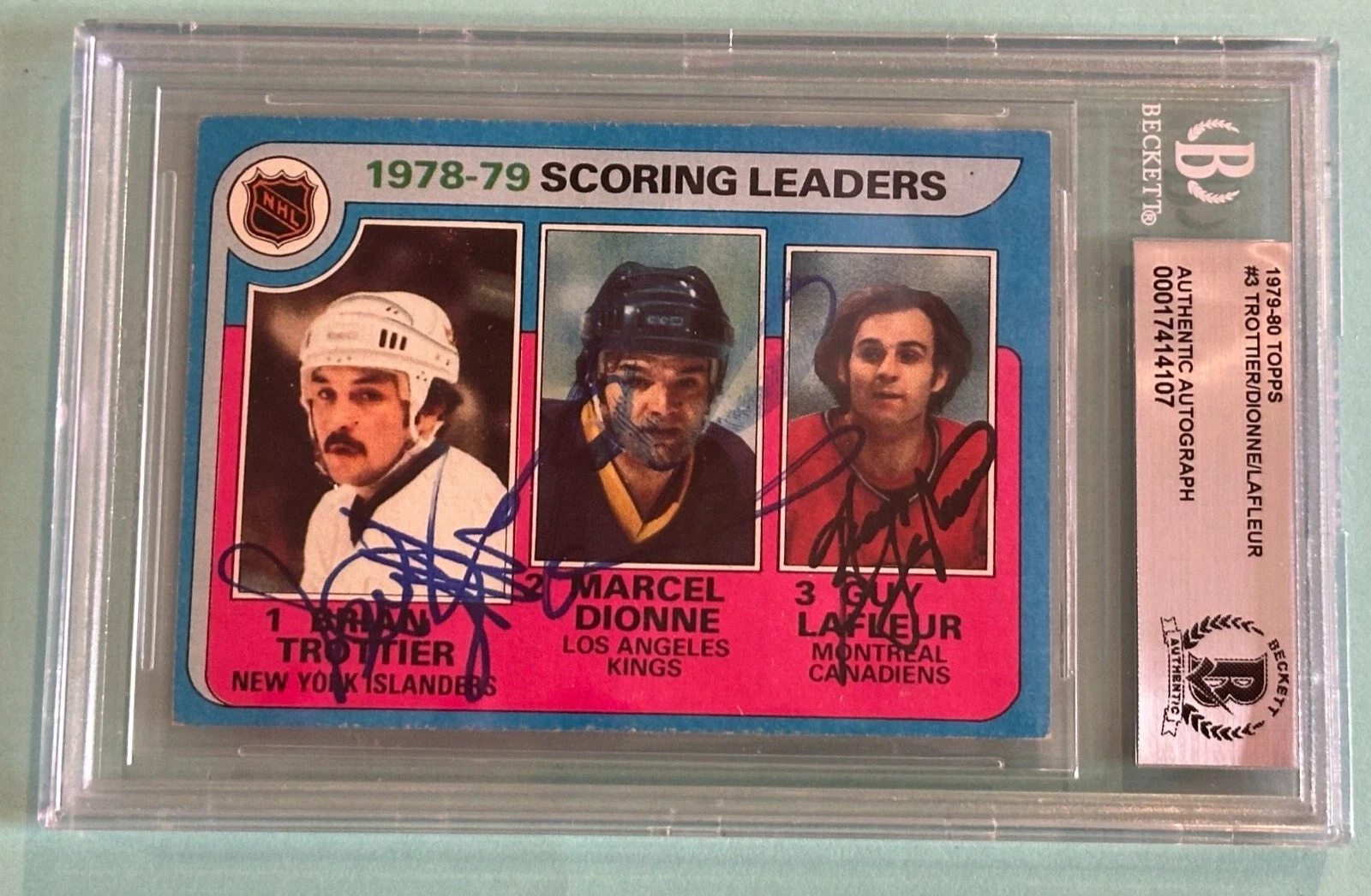 TROTTIER, LAFLEUR, & DIONNE Signed 1979-80 TOPPS Card #3 BAS