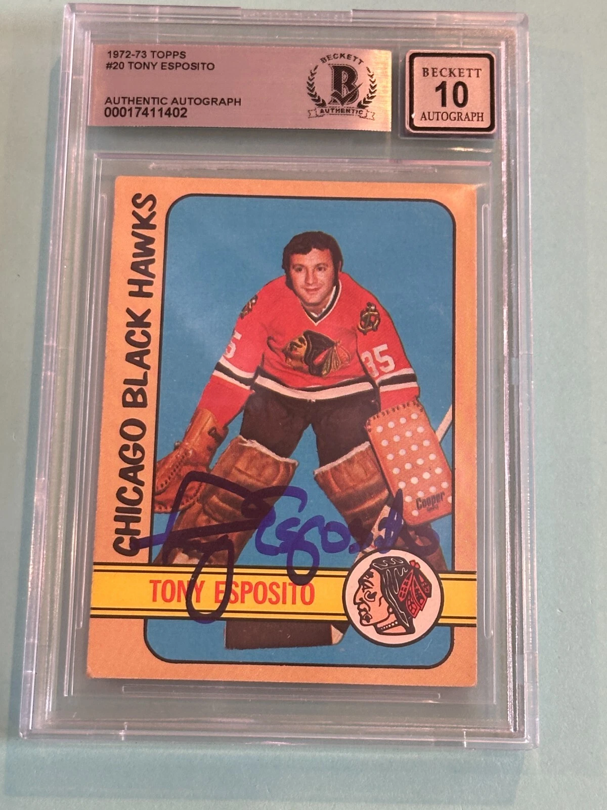 TONY ESPOSITO Signed 1972-73 TOPPS Card #20 Beckett Auth BAS AUTO 10