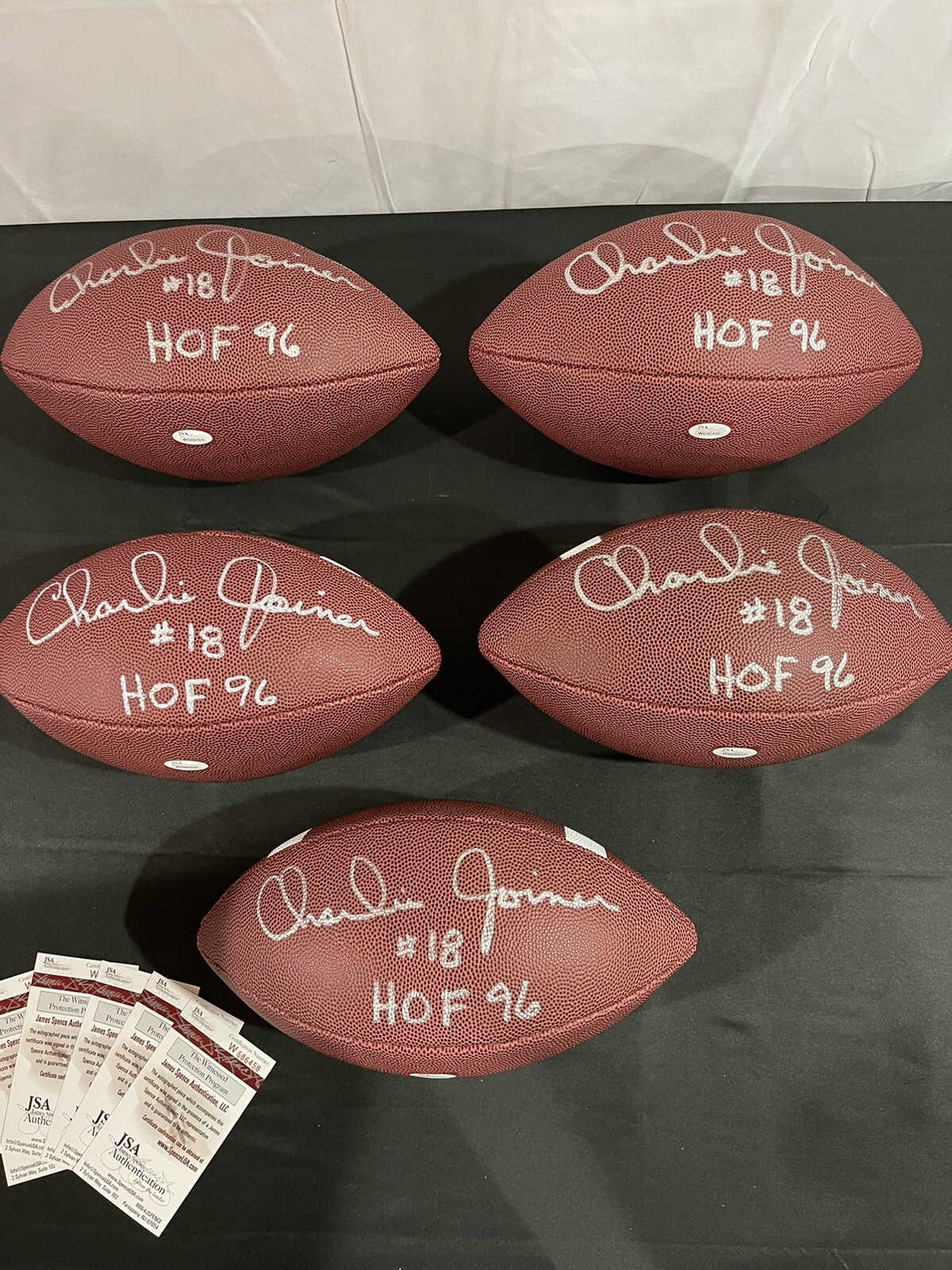 Lot of 5 Charlie Joiner Signed Full Size Footballs JSA, Chargers HoF Inscription