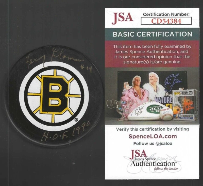 Fern Flaman Signed & Inscribed Boston Bruins Trench Puck JSA COA