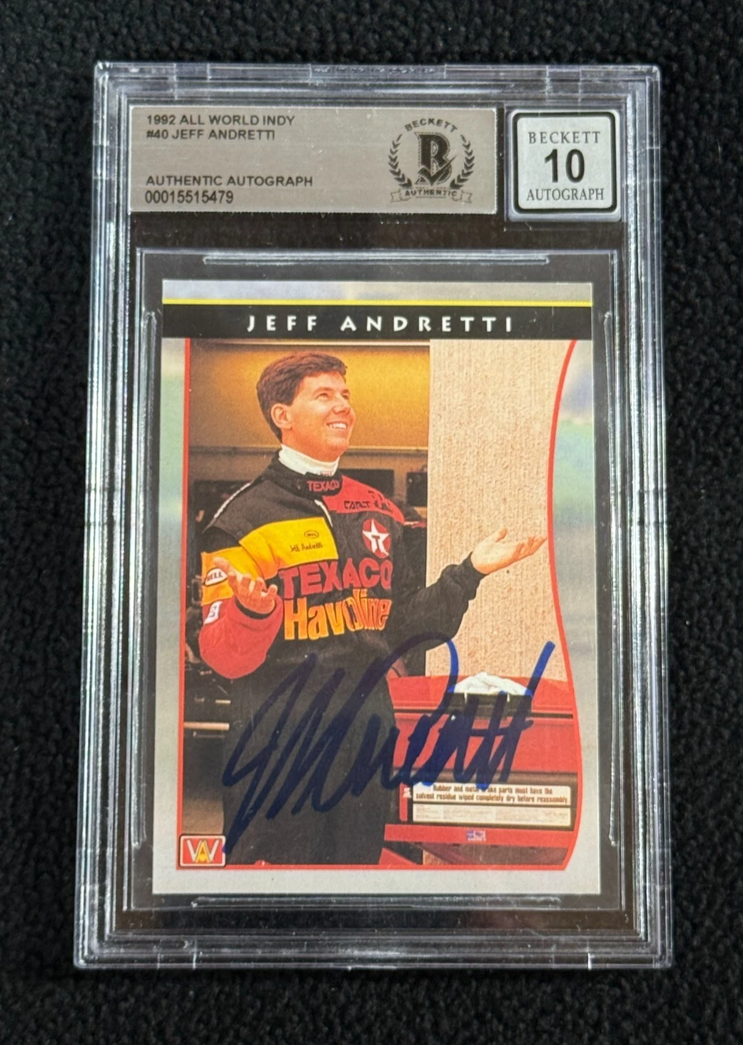 Jeff Andretti Signed 1992 All World Indy Card 40 Beckett Certified Auto Grade 10
