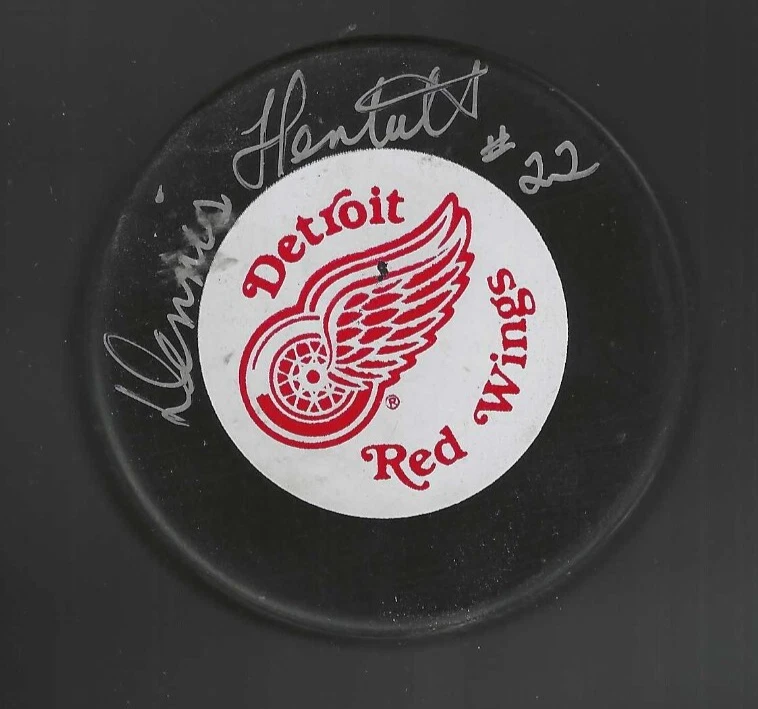 Dennis Hextall Signed Detroit Red Wings Trench Puck Signed In Silver