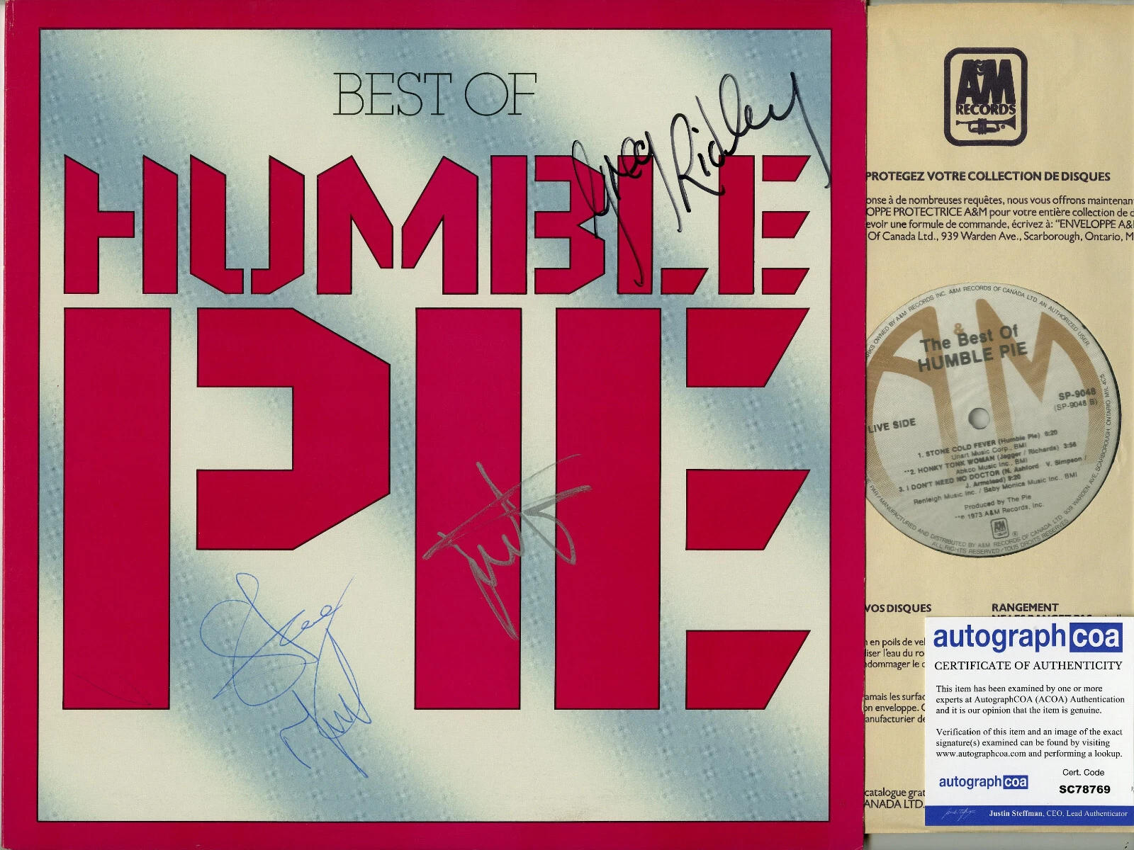 Humble Pie Vinyl Record signed by Steve Marriott, Jerry, Clem, ACOA Best Of