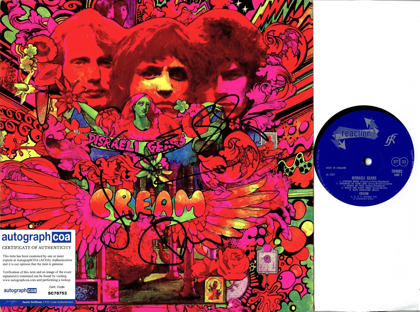 CREAM GINGER BAKER JACK BRUCE DISRAELI GEARS SIGNED VINYL RECORD ACOA REACTION COLLECTIBLE MEMORABILIA