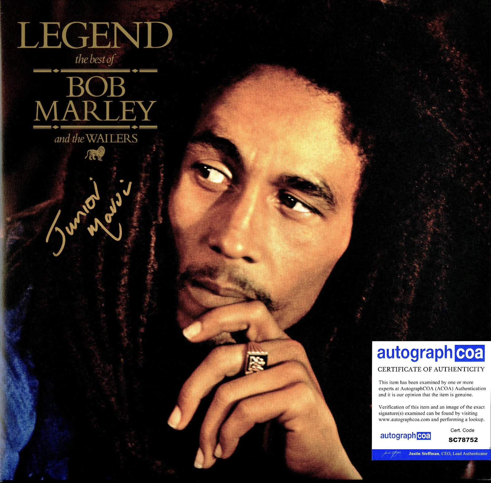 JUNIOR MARVIN OF THE WAILERS, SIGNED BOB MARLEY LEGEND NEW VINYL RECORD ACOA COLLECTIBLE MEMORABILIA