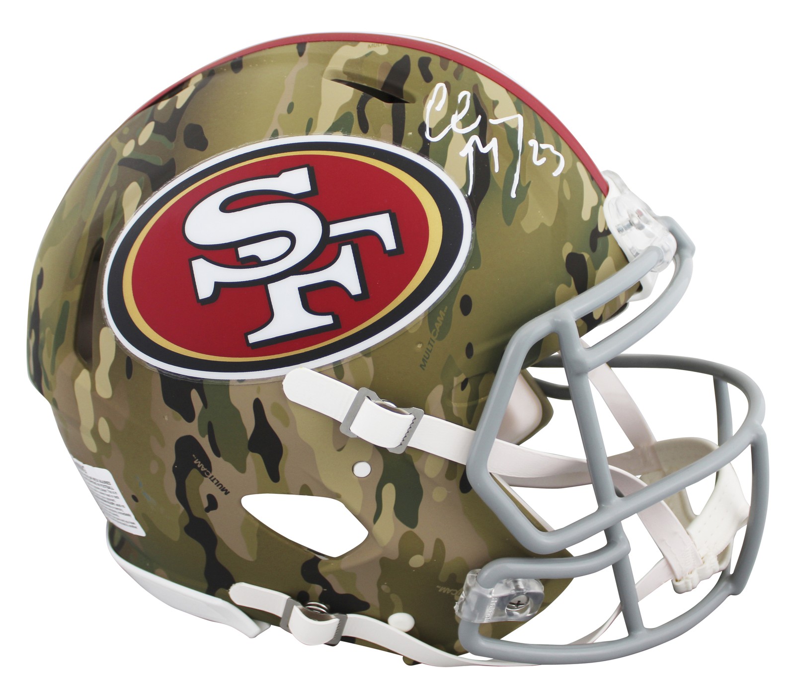 49ERS CHRISTIAN MCCAFFREY SIGNED CAMO FULL SIZE SPEED PROLINE HELMET BAS COLLECTIBLE MEMORABILIA