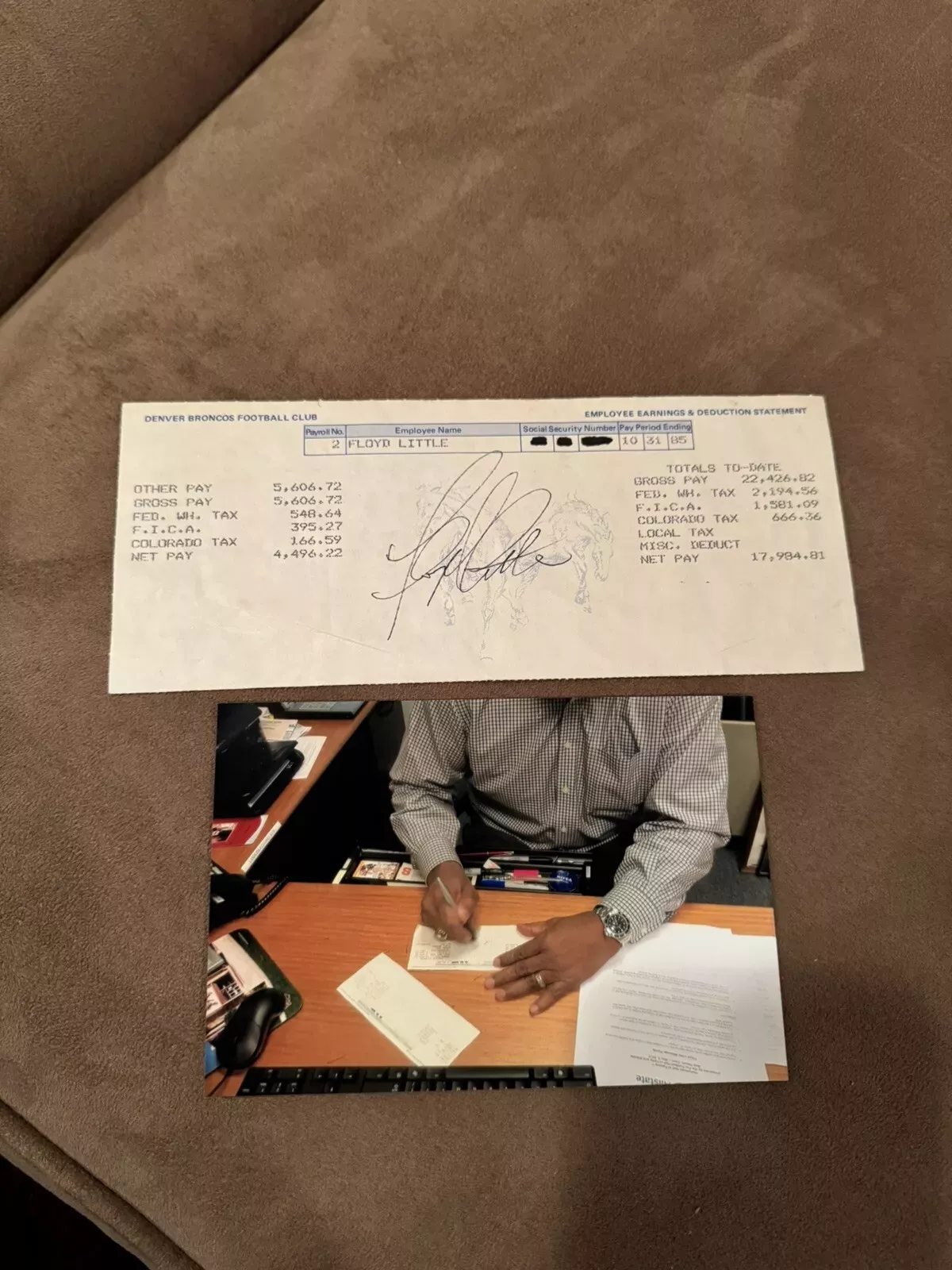 AWESOME FLOYD LITTLE SIGNED Denver Broncos Pay Stub SYRACUSE EXACT PROOF
