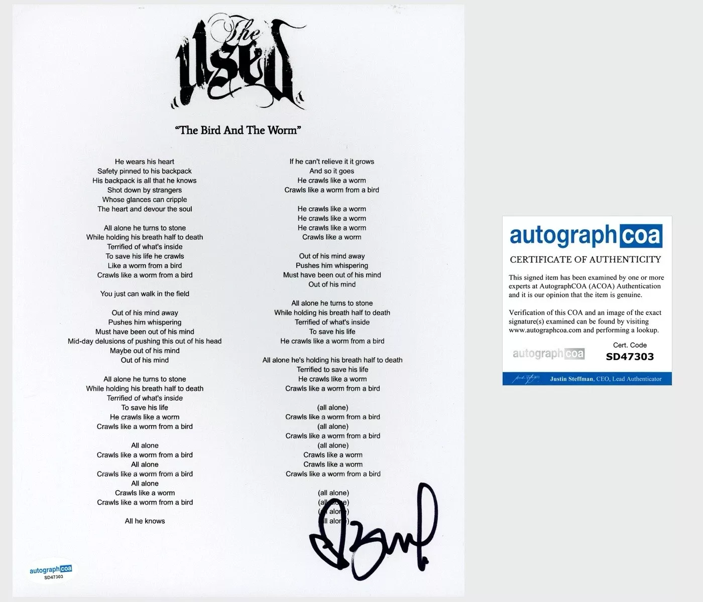 Bert McCracken ‘The Used’ Band Signed ‘The Bird And The Worm’ Lyric Sheet ACOA