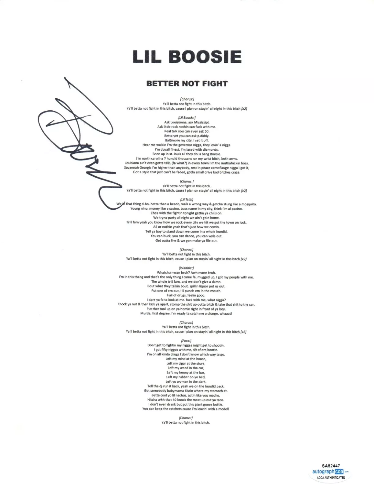 Boosie Badazz Signed Autograph Better Not Fight 8.5x11 Lyric Sheet ...