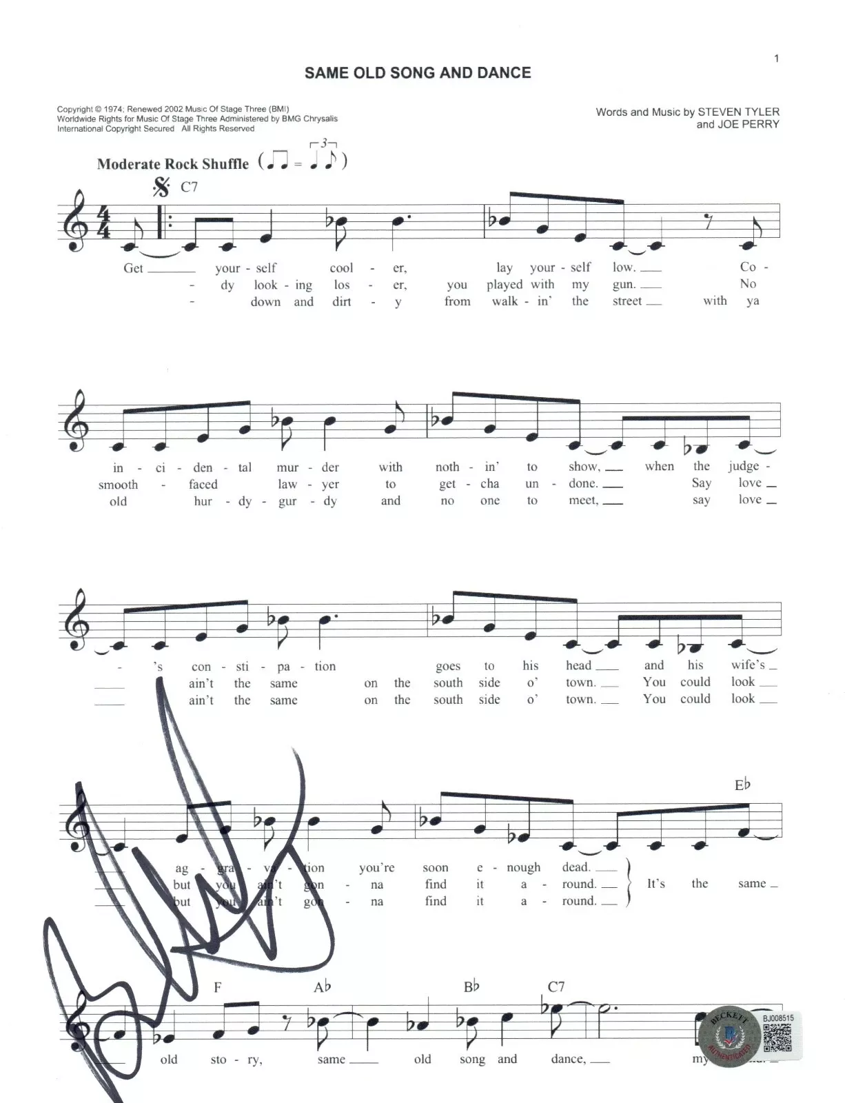 Brad Whitford Aerosmith Signed Same Old Song and Dance Music Sheet Beckett COA