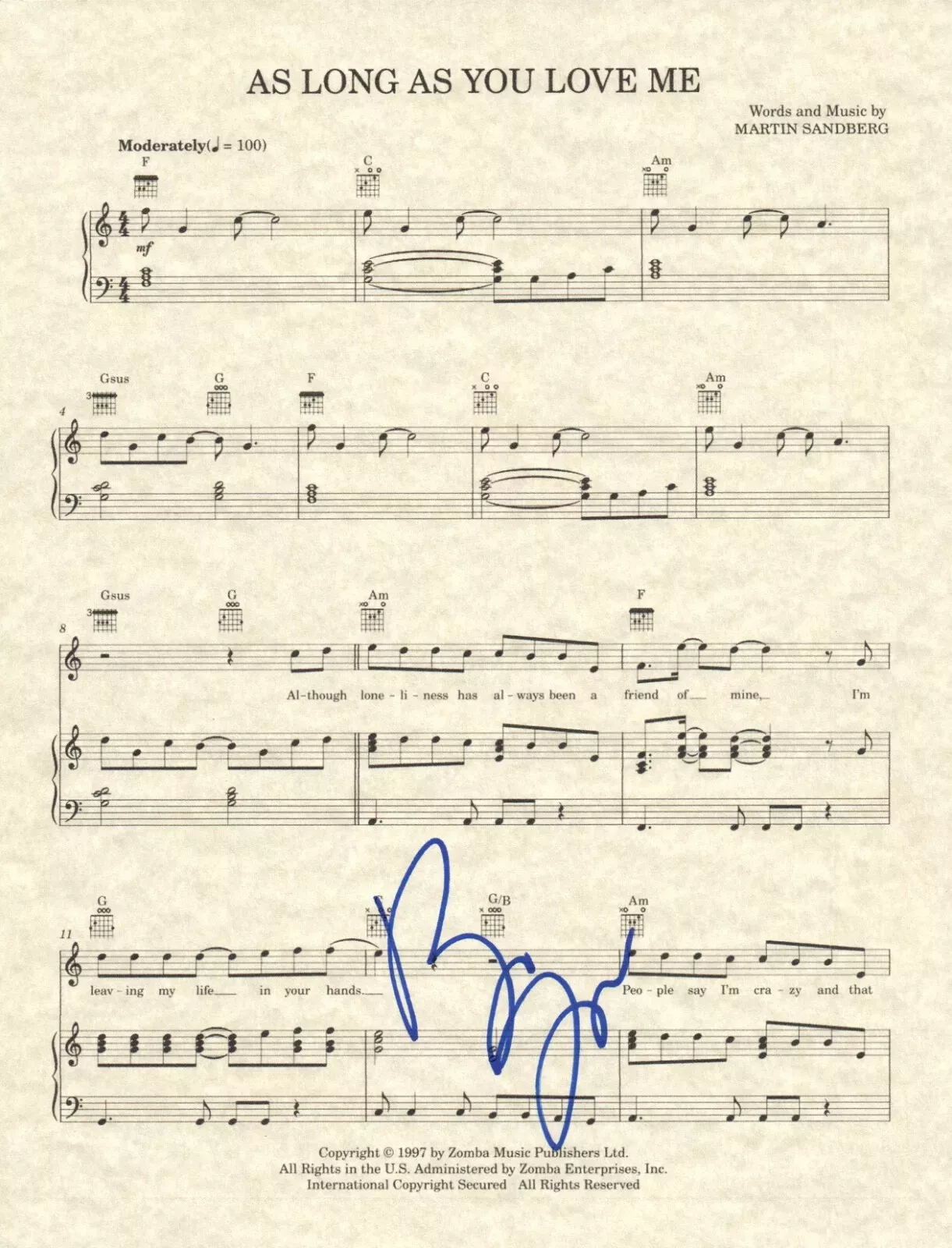 Brian Littrell Backstreet Boys Signed As Long As You Love Me Sheet Music COA