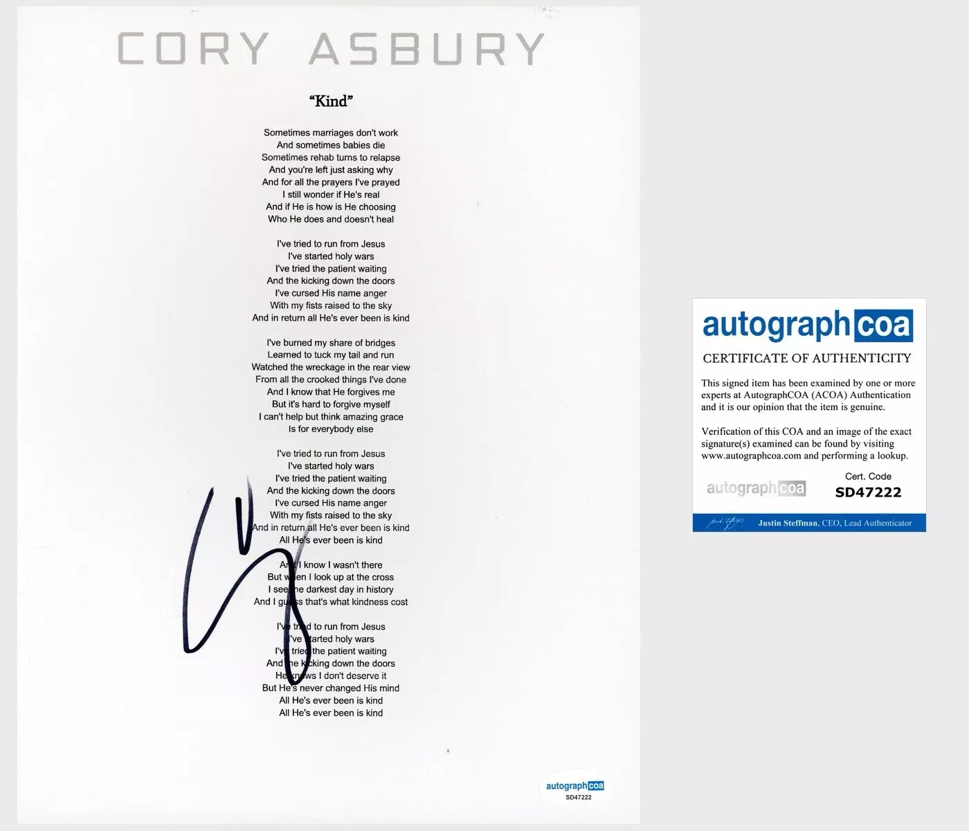 Cory Asbury ‘Kind’ Signed Lyric Sheet Christian Music ACOA PROOF￼