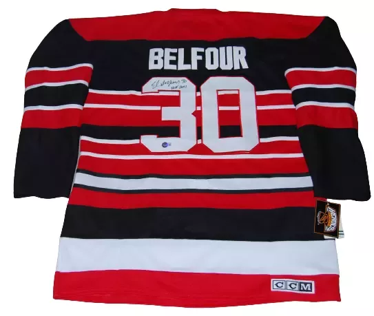 ED BELFOUR signed (CHICAGO BLACKHAWKS) Custom hockey jersey BECKETT BG93591